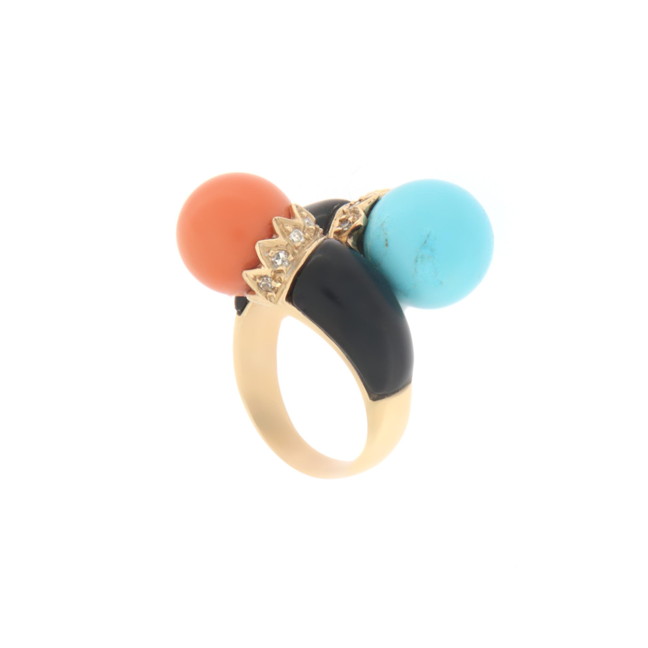 Contemporary Coral Turquoise Onyx Diamonds 14 Karat Yellow Gold Cocktail Ring