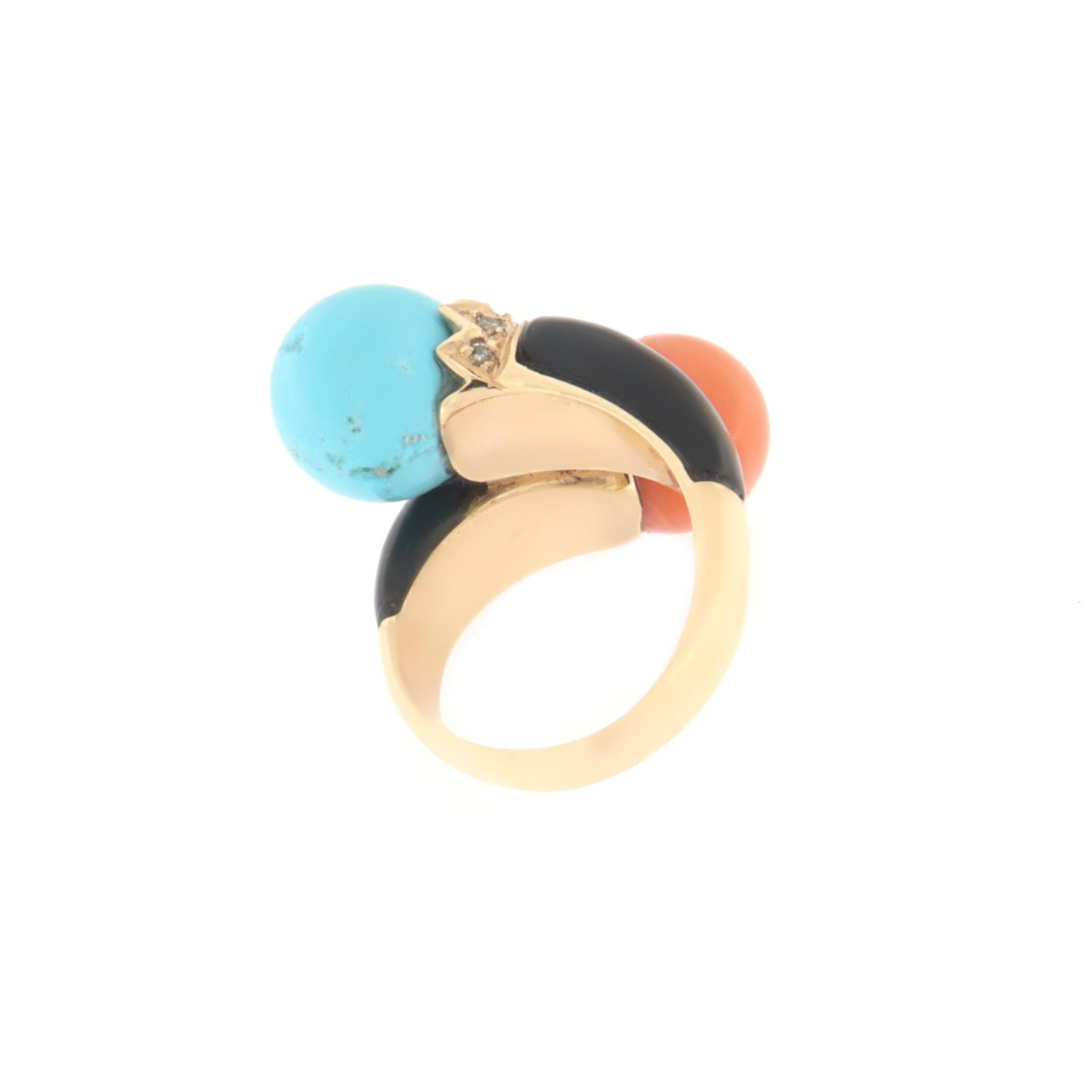 Brilliant Cut Coral Turquoise Onyx Diamonds 14 Karat Yellow Gold Cocktail Ring