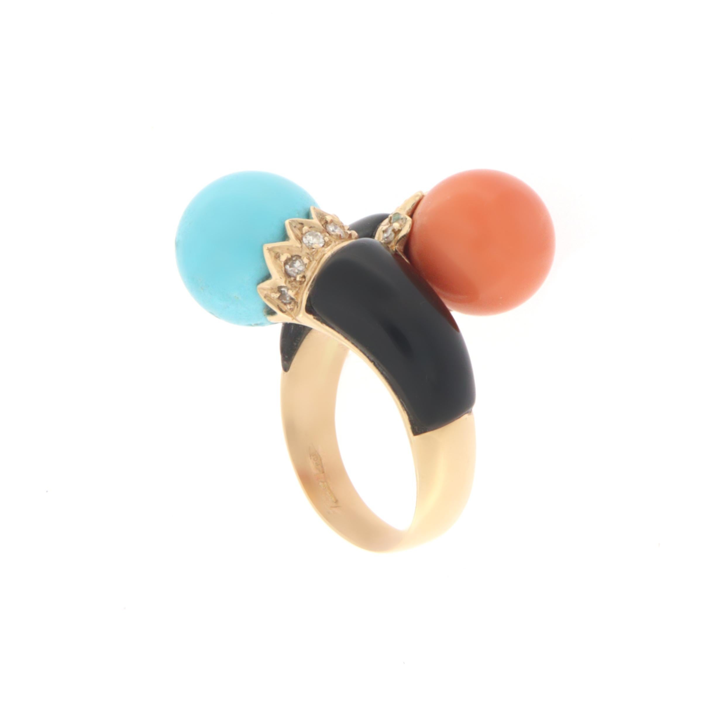 Coral Turquoise Onyx Diamonds 14 Karat Yellow Gold Cocktail Ring In New Condition In Marcianise, IT
