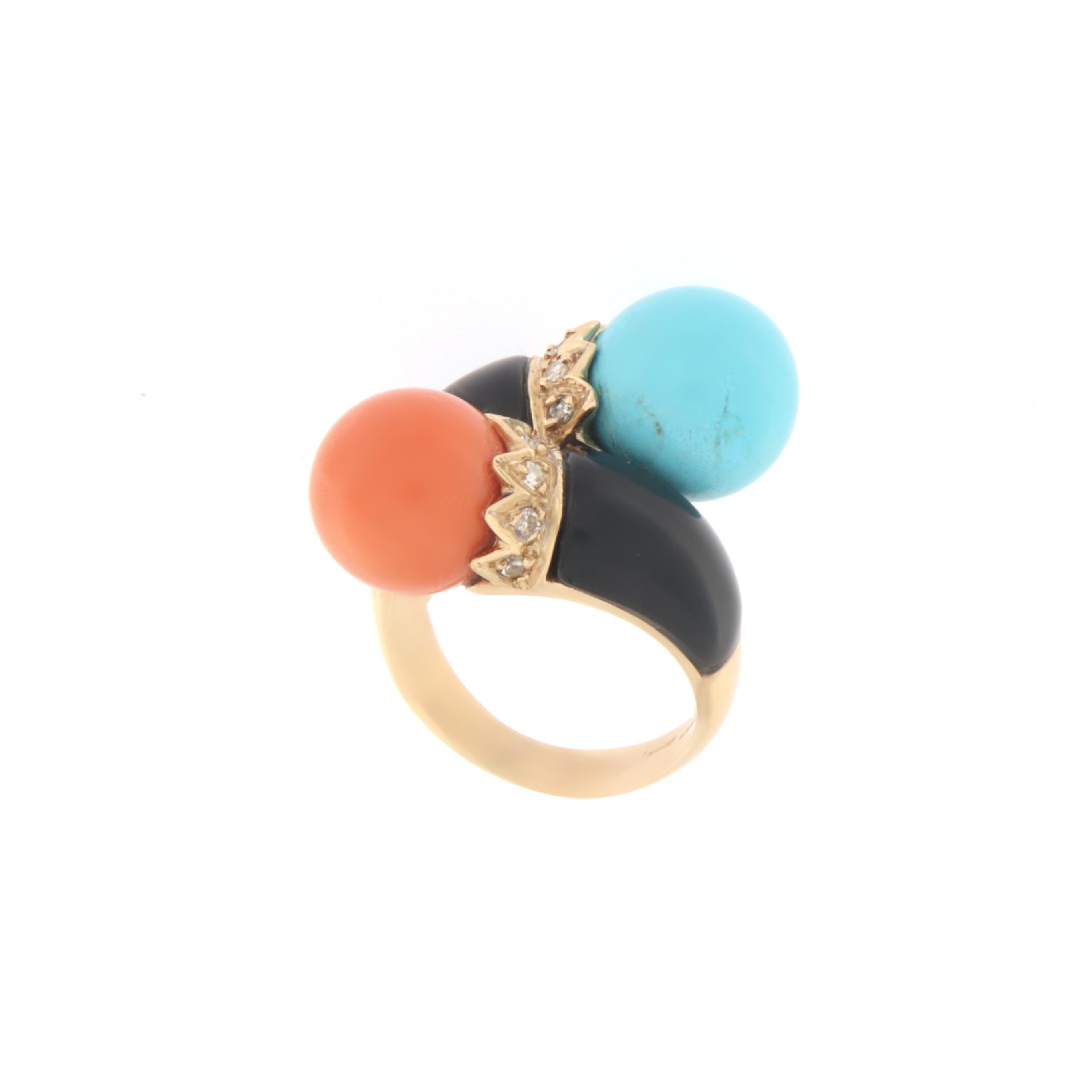Women's Coral Turquoise Onyx Diamonds 14 Karat Yellow Gold Cocktail Ring