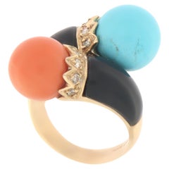 Coral Turquoise Onyx Diamonds 14 Karat Yellow Gold Cocktail Ring