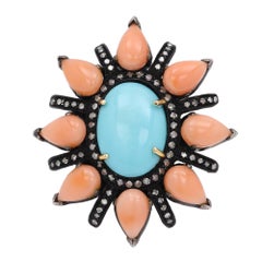 Coral Turquoise Ring Oxidized Silver and Gold Large Flower Ring