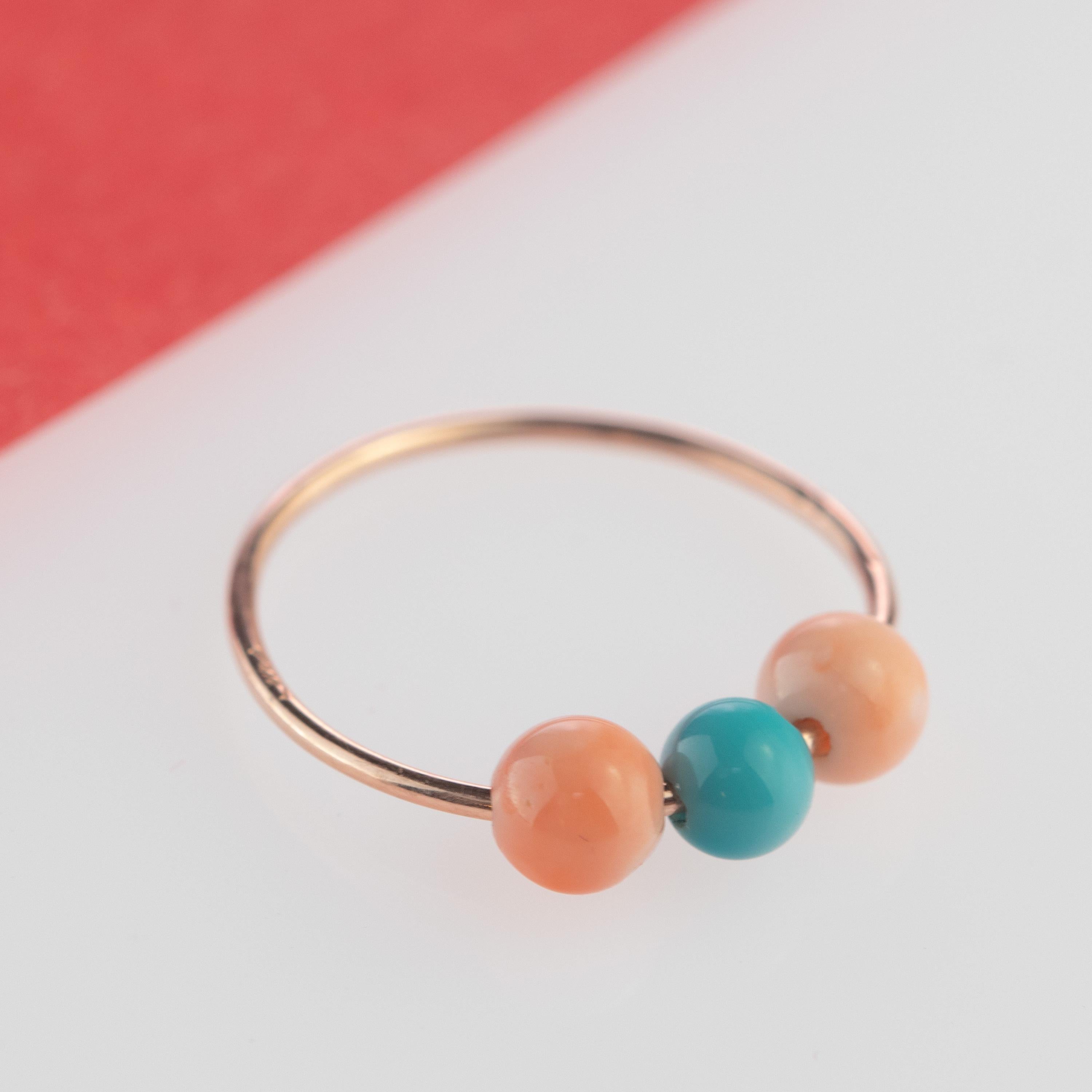 Coral Turquesa Redondo 18 Kilates Oro Rosa Asteroide Boho Banda Planeta Anillo Moderno en venta