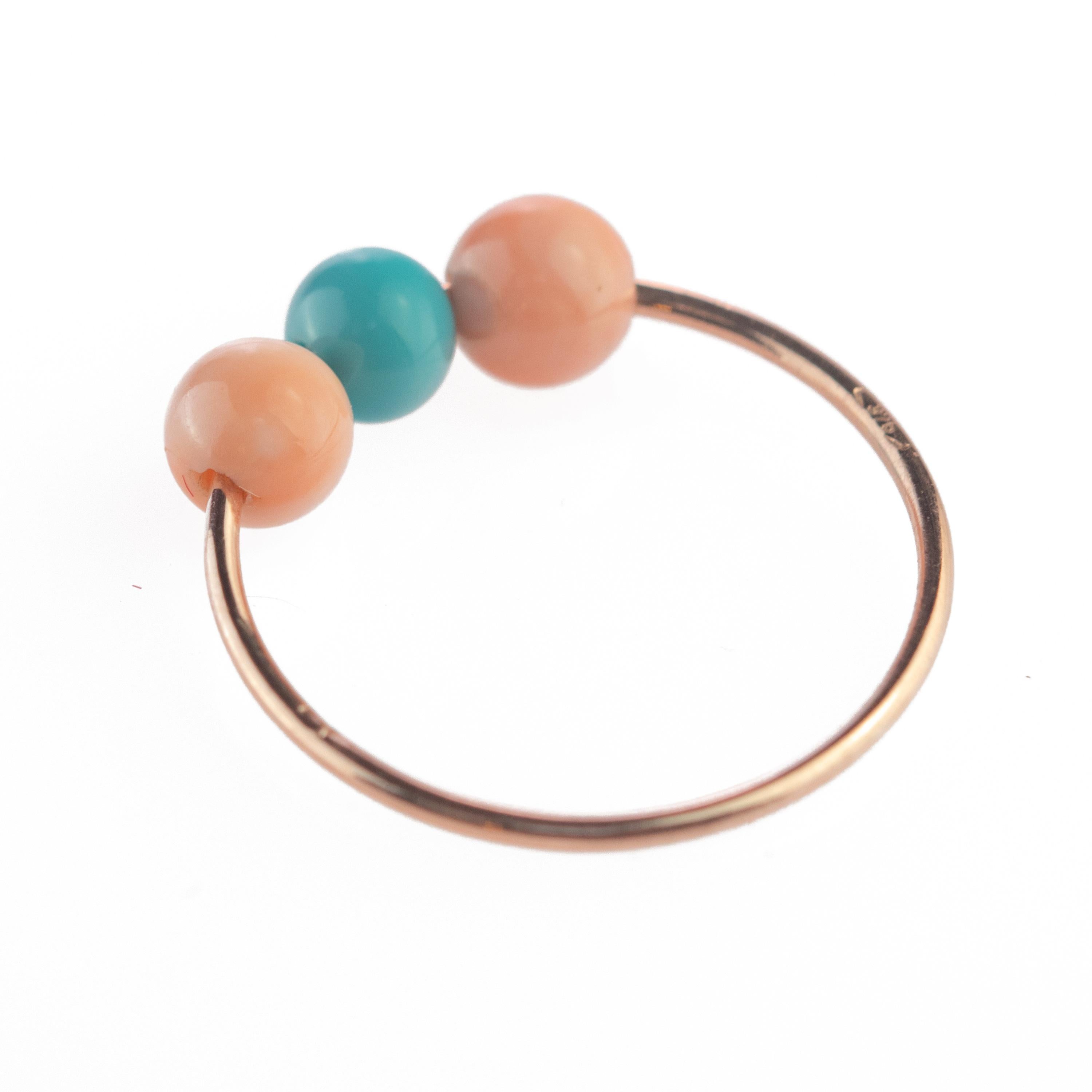 Coral Turquesa Redondo 9 Kilates Oro Rosa Asteroide Boho Banda Planeta Anillo en Nuevo estado para la venta en Milano, IT