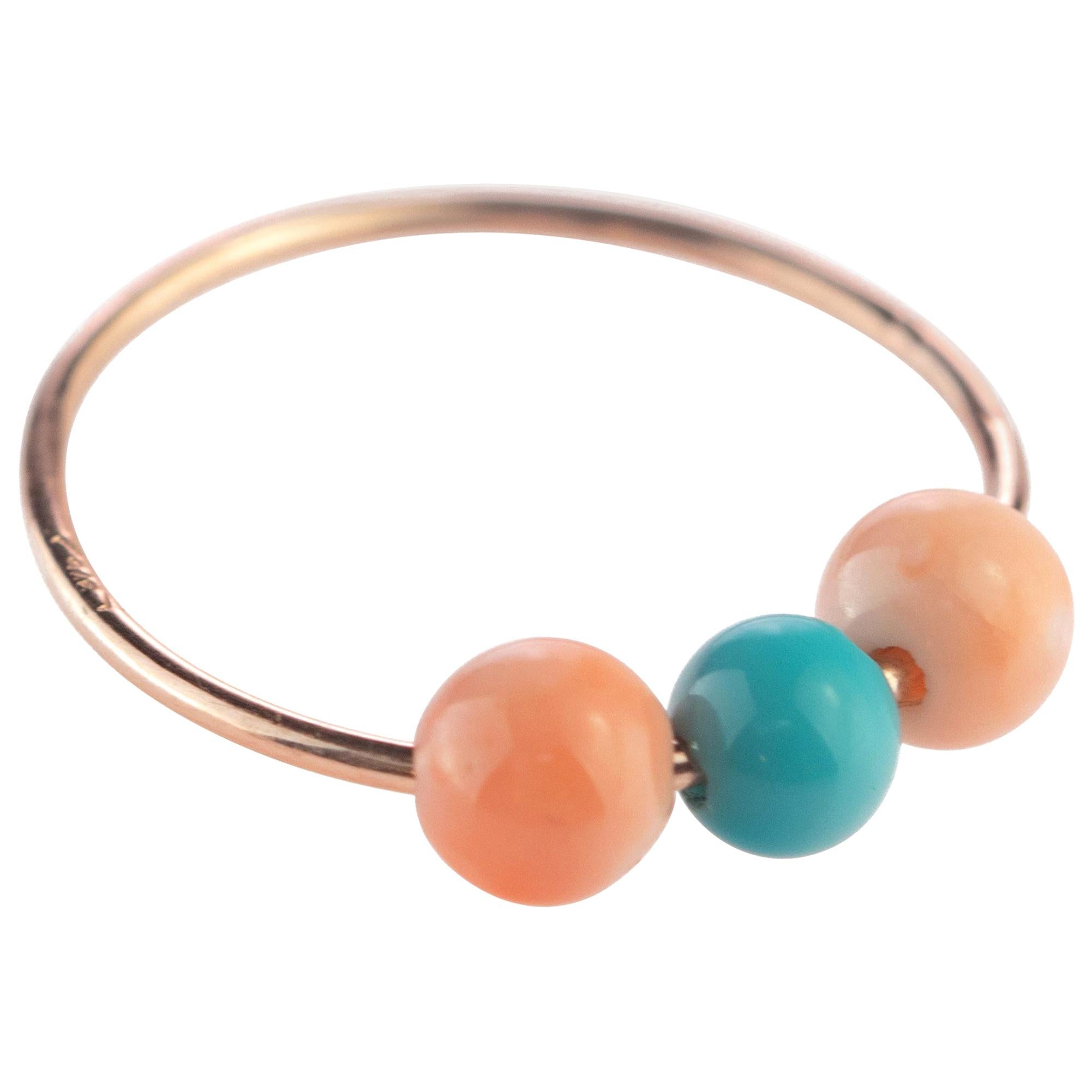 Koralle Türkis Rund 18 Karat Roségold Asteroid Boho Band Planet Ring