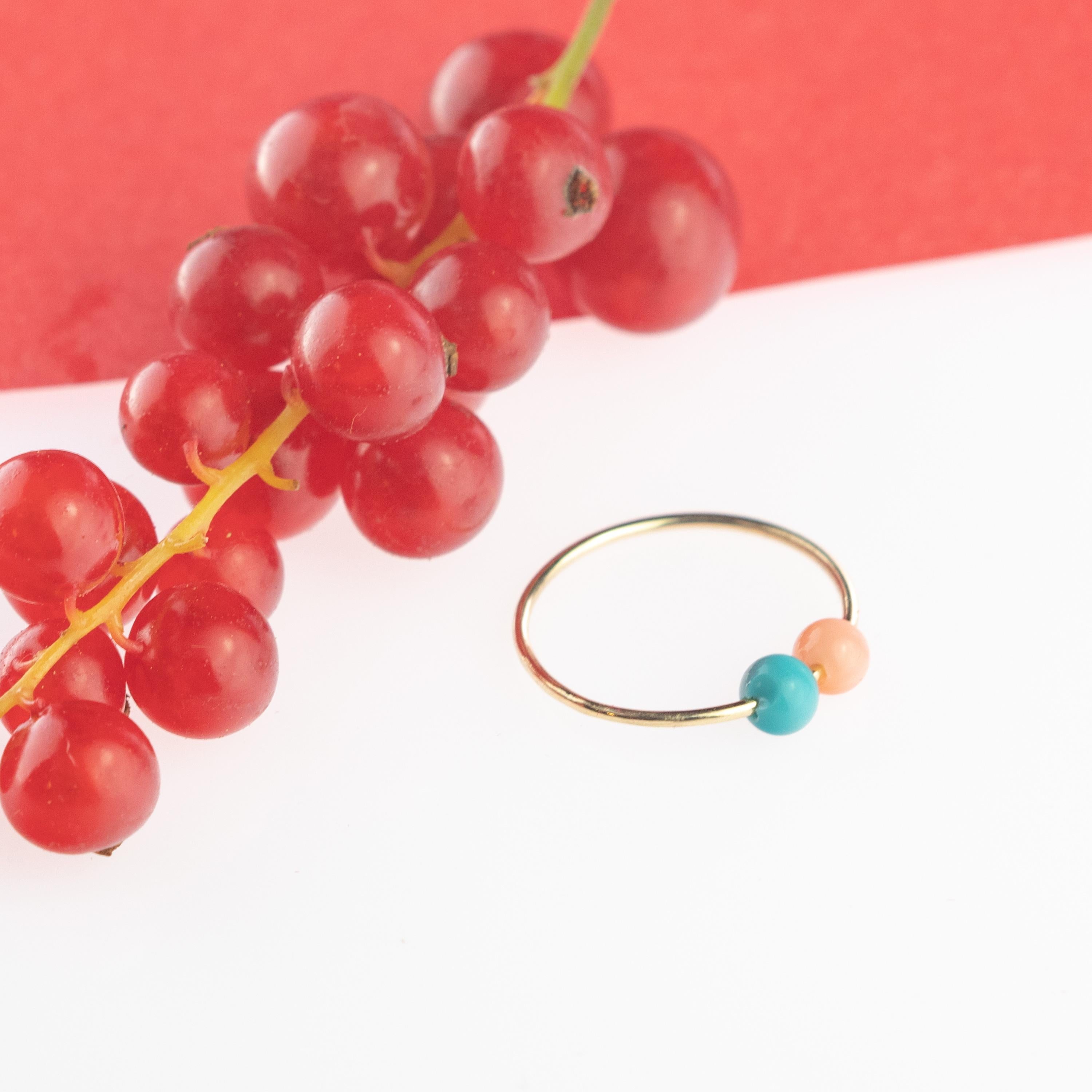 Koralle Türkis Rund 18 Karat Gelbgold Asteroid Boho Band Planet Ring im Angebot 1