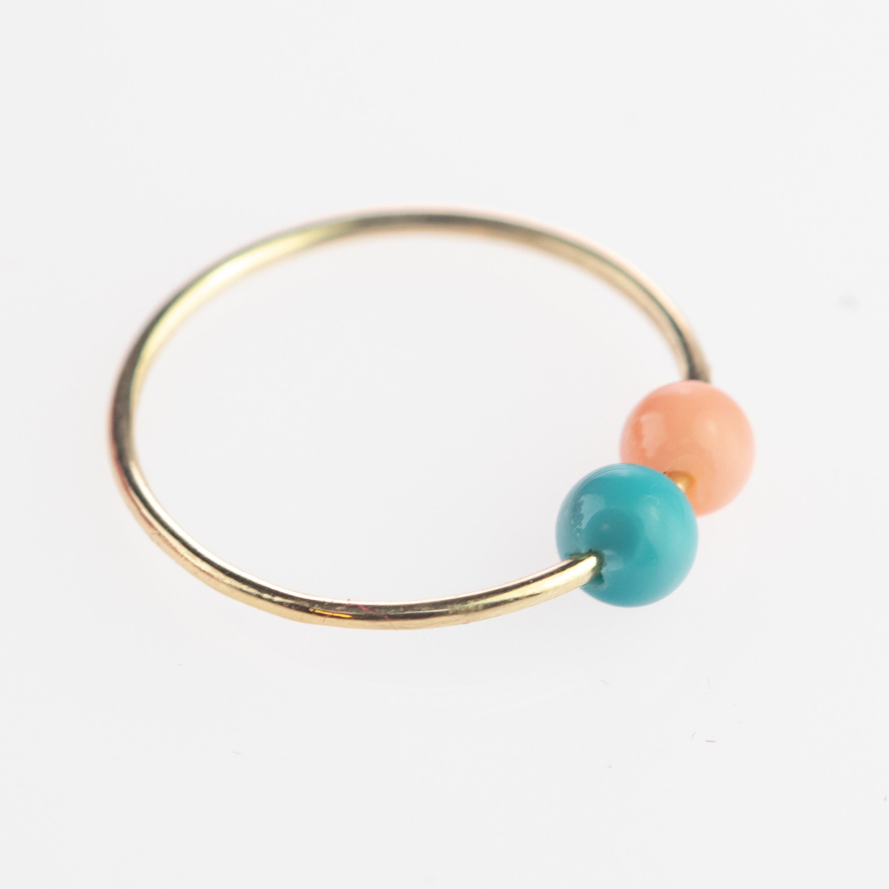 Modern Coral Turquoise Round 9 Karat Yellow Gold Asteroid Boho Band Planet Ring For Sale