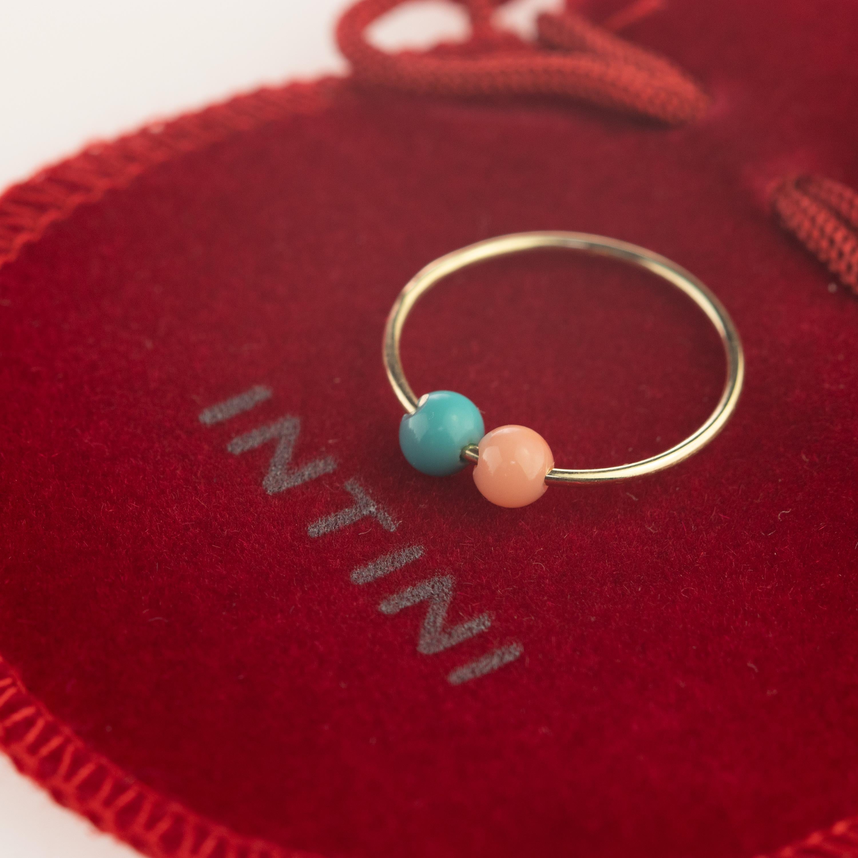 Round Cut Coral Turquoise Round 9 Karat Yellow Gold Asteroid Boho Band Planet Ring For Sale