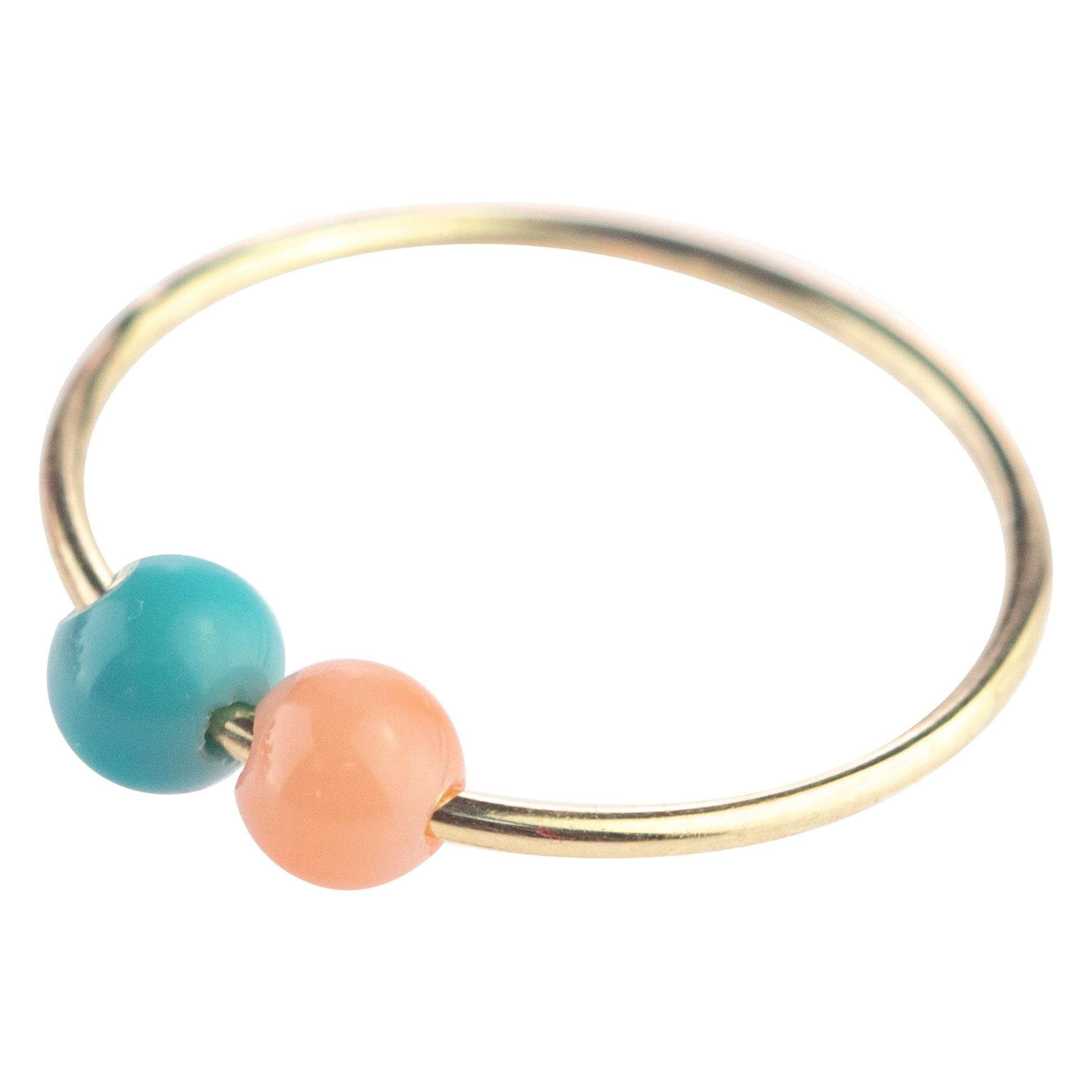 Coral Turquoise Round 9 Karat Yellow Gold Asteroid Boho Band Planet Ring For Sale