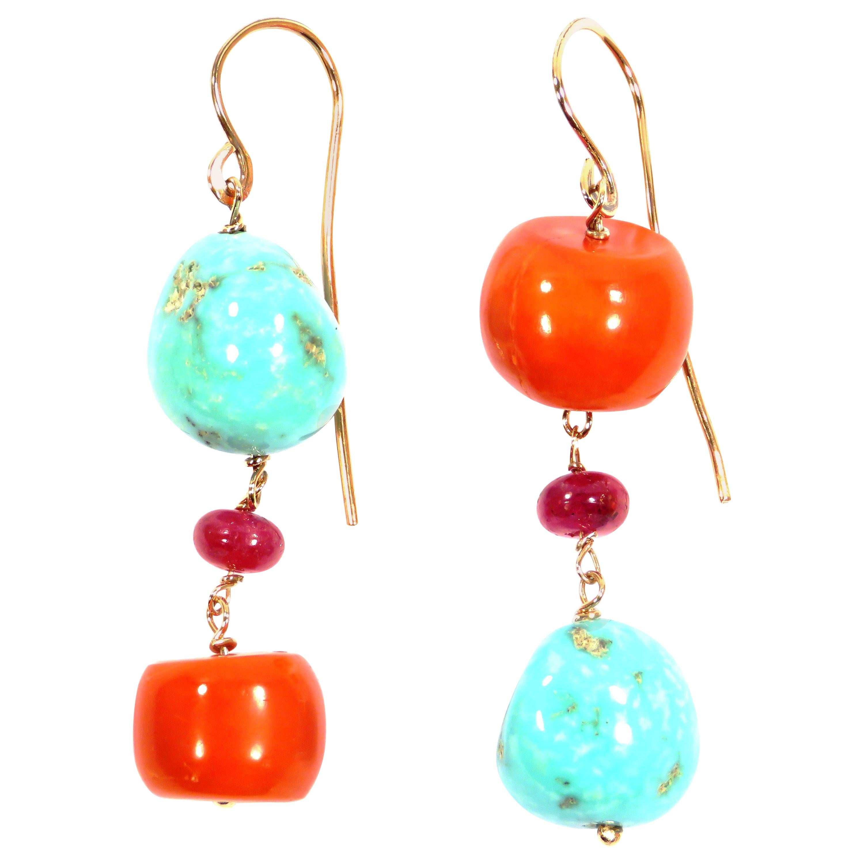 Red Stone Turquoise Ruby Rose Gold Earrings Handcrafted in Italy 
