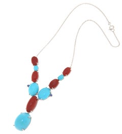 Collier pendentif en or blanc 18 carats Corail Turquoise Saphirs