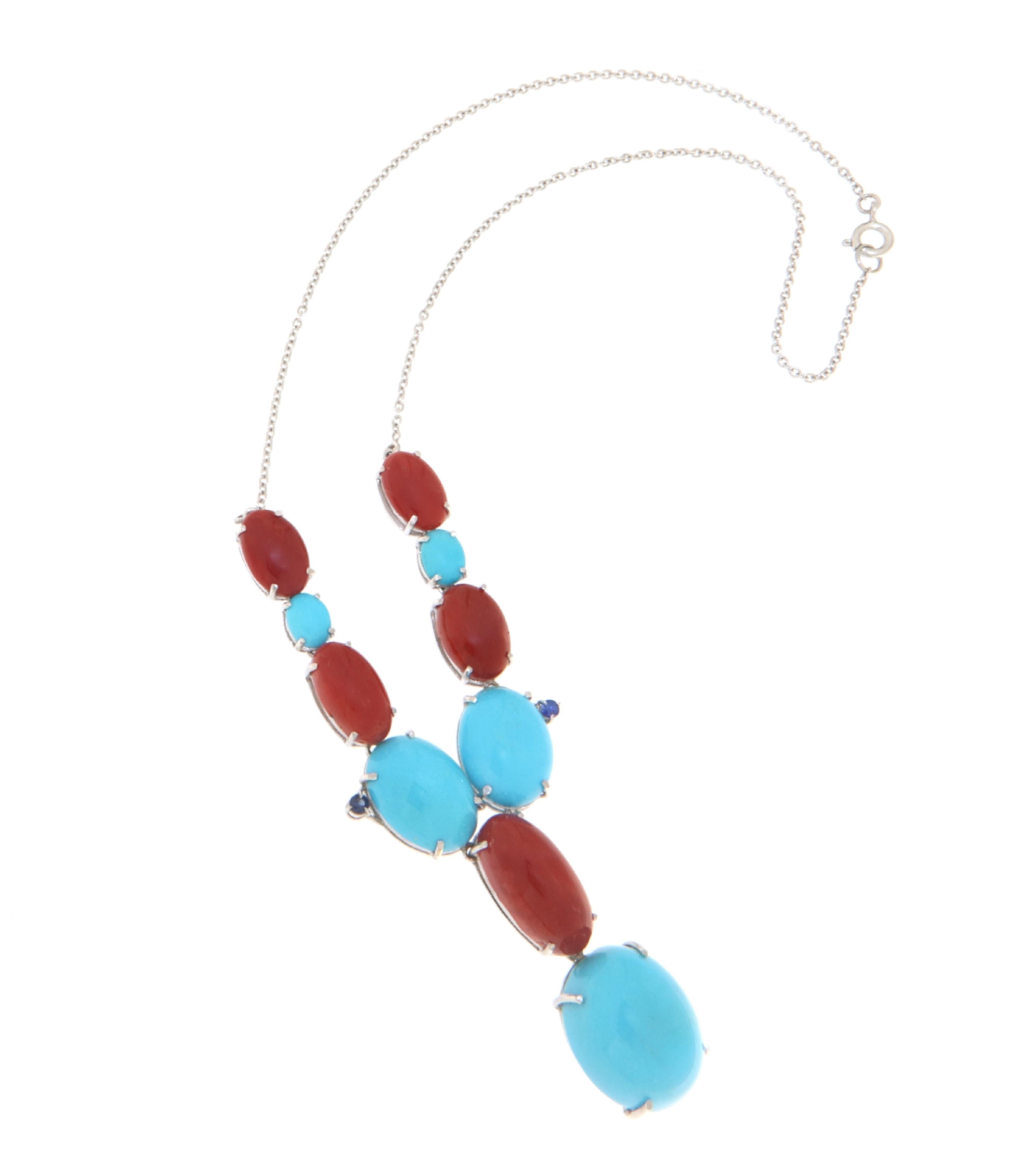 Artisan Coral Turquoise Sapphires 18 Karat White Gold Pendant Necklace For Sale