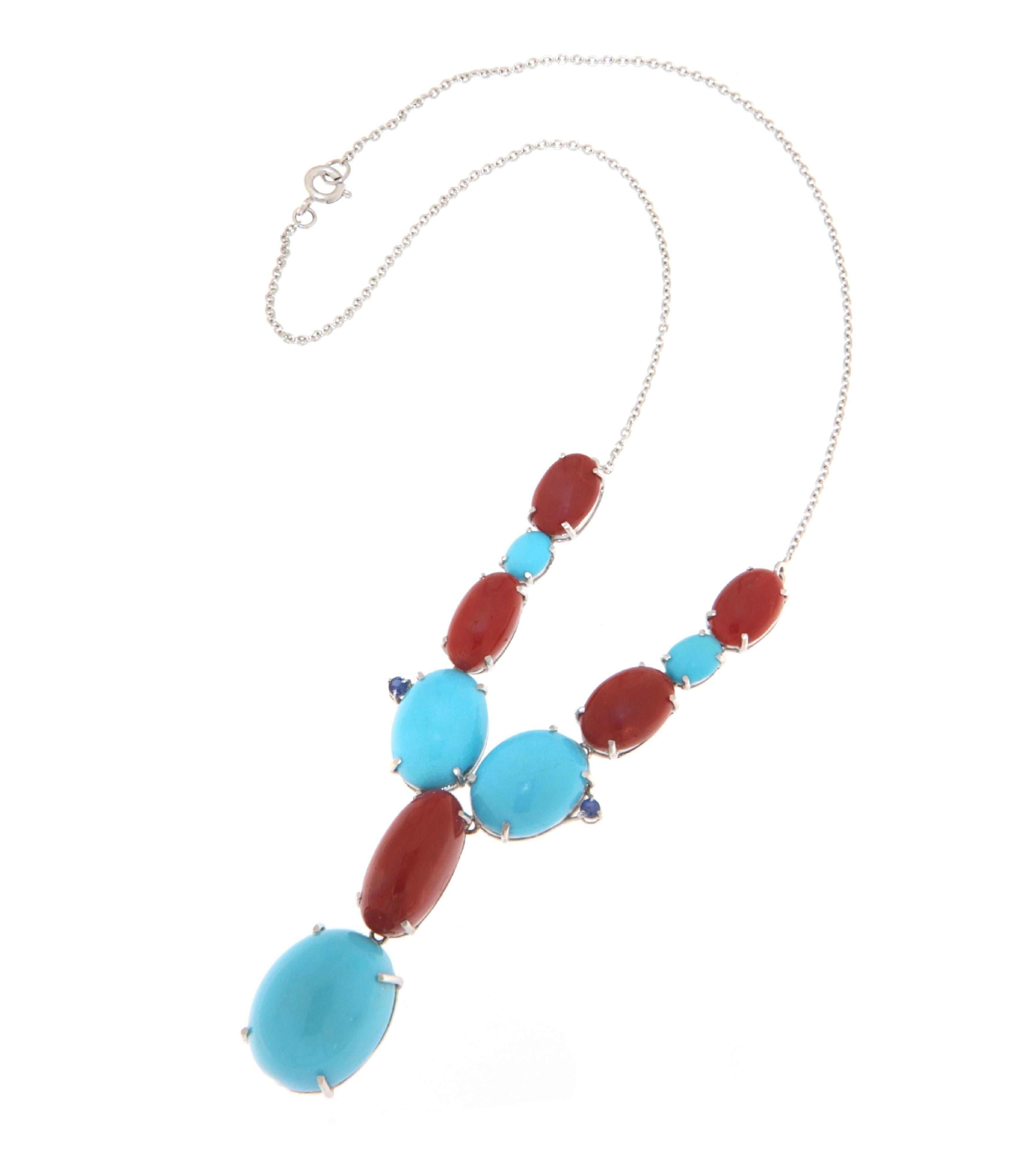 Oval Cut Coral Turquoise Sapphires 18 Karat White Gold Pendant Necklace For Sale