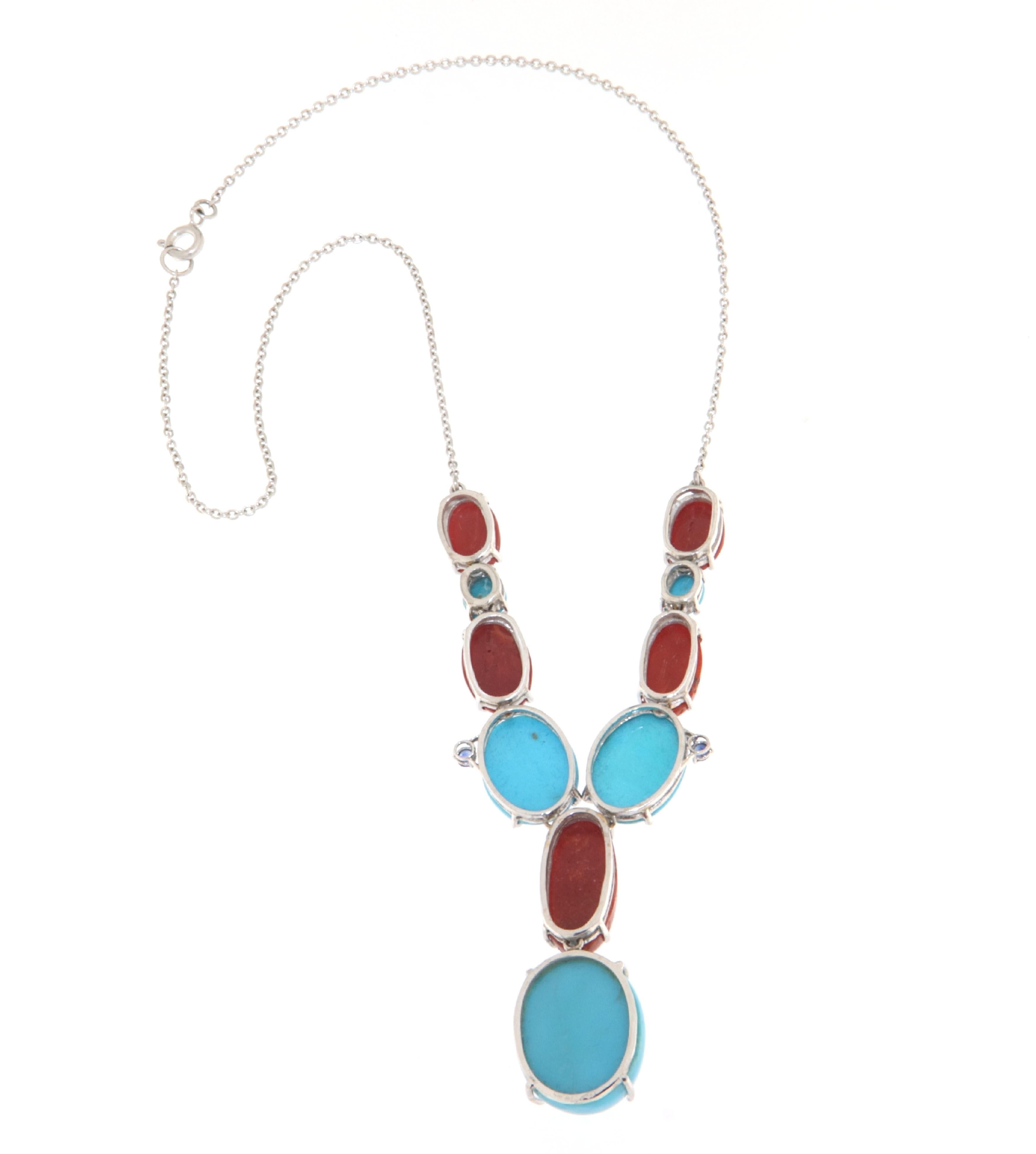 Coral Turquoise Sapphires 18 Karat White Gold Pendant Necklace In New Condition For Sale In Marcianise, IT
