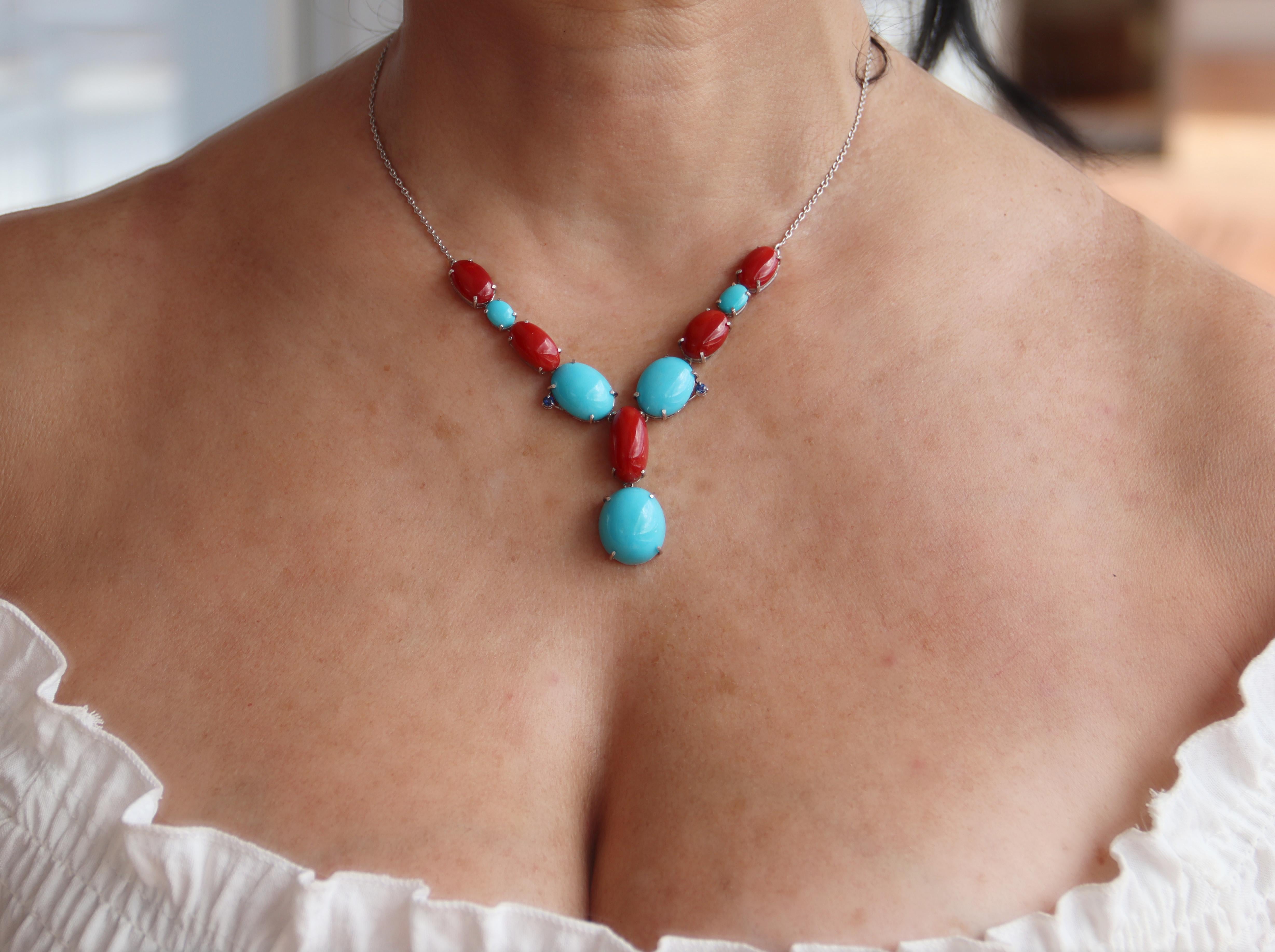 Coral Turquoise Sapphires 18 Karat White Gold Pendant Necklace For Sale 1