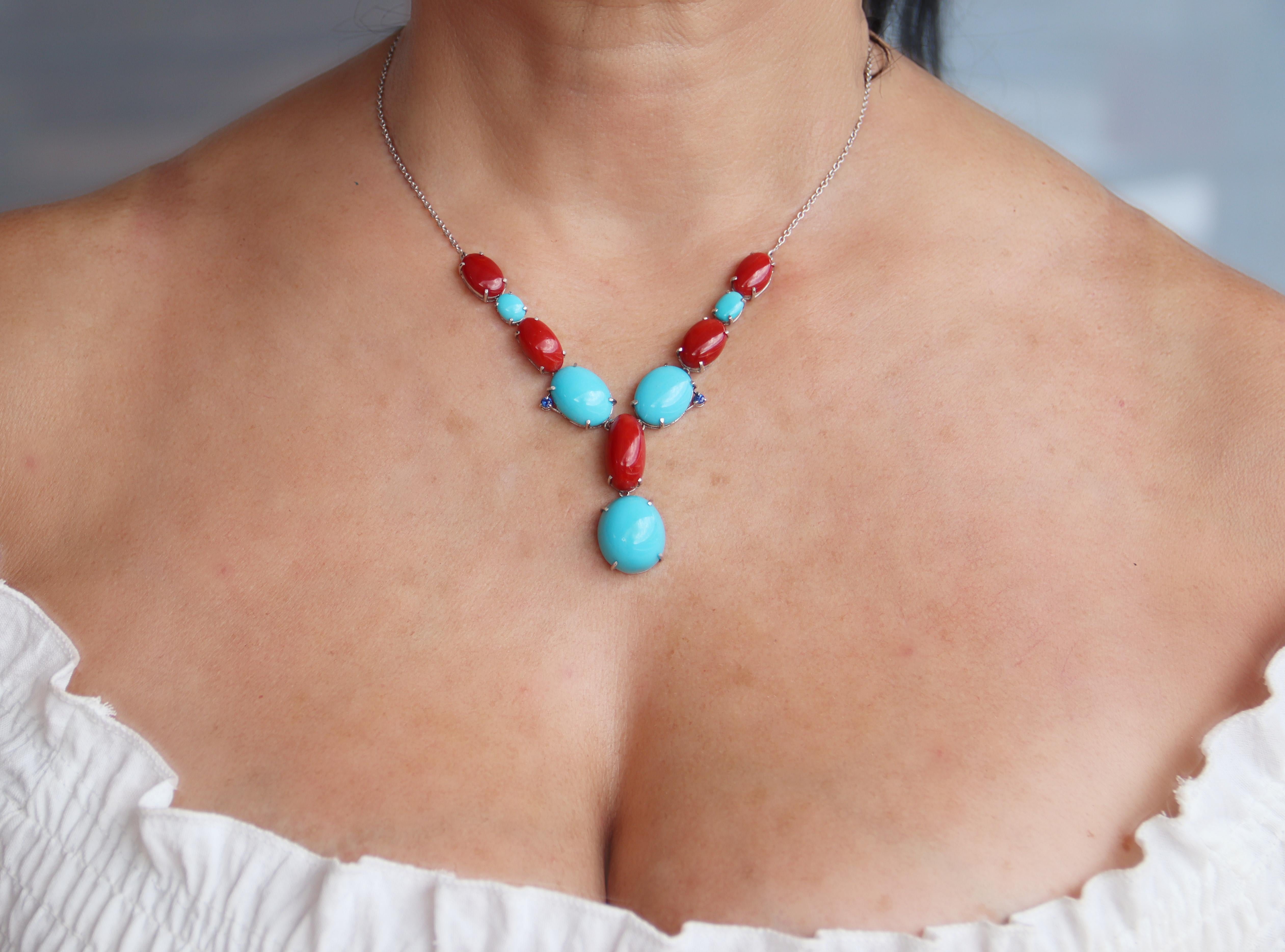 Coral Turquoise Sapphires 18 Karat White Gold Pendant Necklace For Sale 2