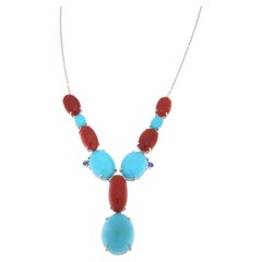 Collier pendentif en or blanc 18 carats Corail Turquoise Saphirs