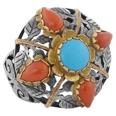 Coral Turquoise 18 Karat Gold Sterling Silver Cocktail Ring