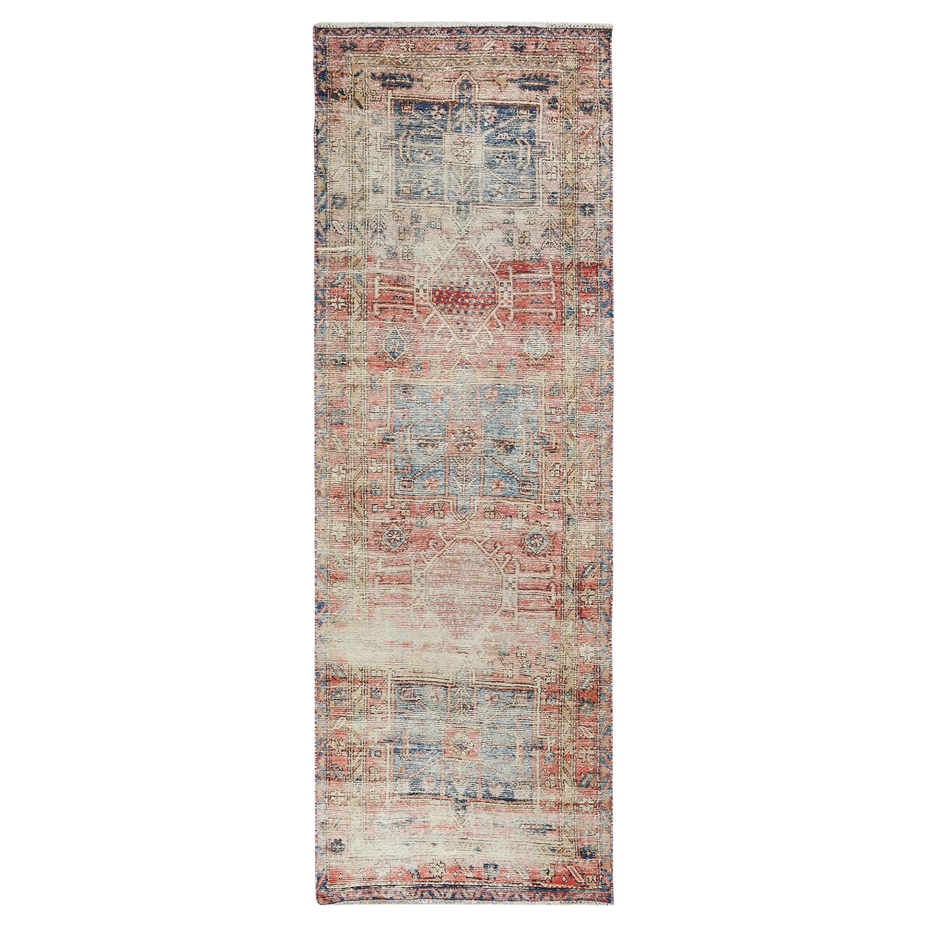 Coral Vintage and Worn Down Persian Heriz Hand Knotted Runner Oriental Rug