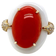 Coral, White Agate, & Diamond Cocktail Dinner Ring in 18k Yellow Gold