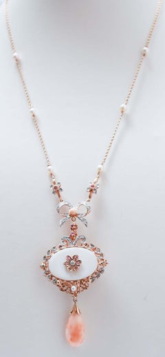 Coral, White Stone, Diamonds, Tourmaline, Pearls, Rose Gold and Silver Necklace.