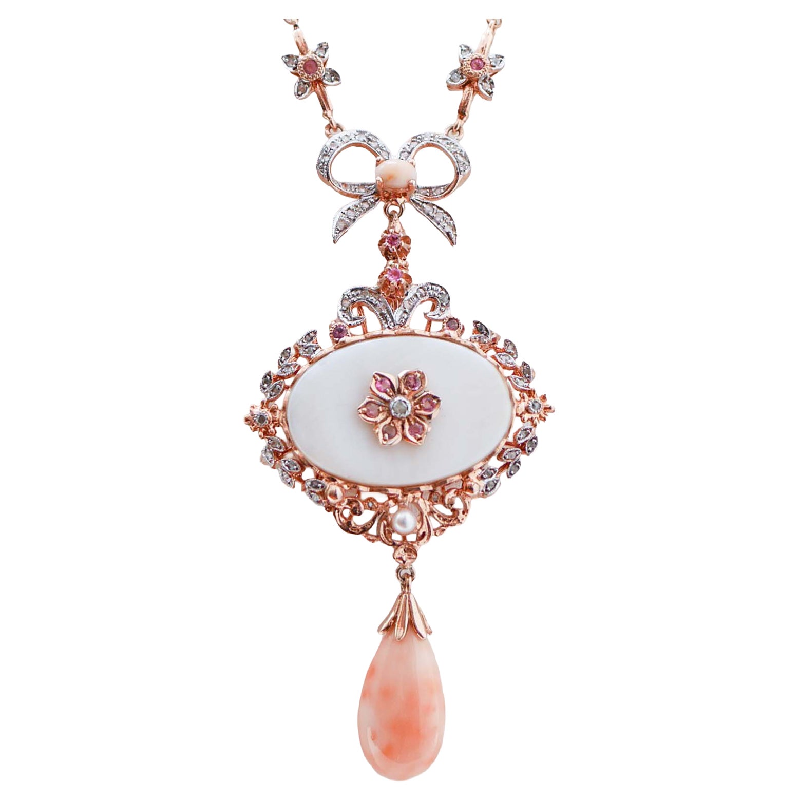 Coral, White Stone, Diamonds, Tourmaline, Pearls, Rose Gold and Silver Necklace.