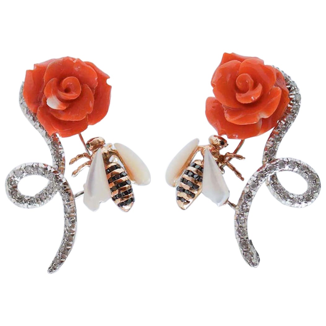 Coral, White Stones, Diamonds, Platinum and 14 Karat Rose Gold Earrings.