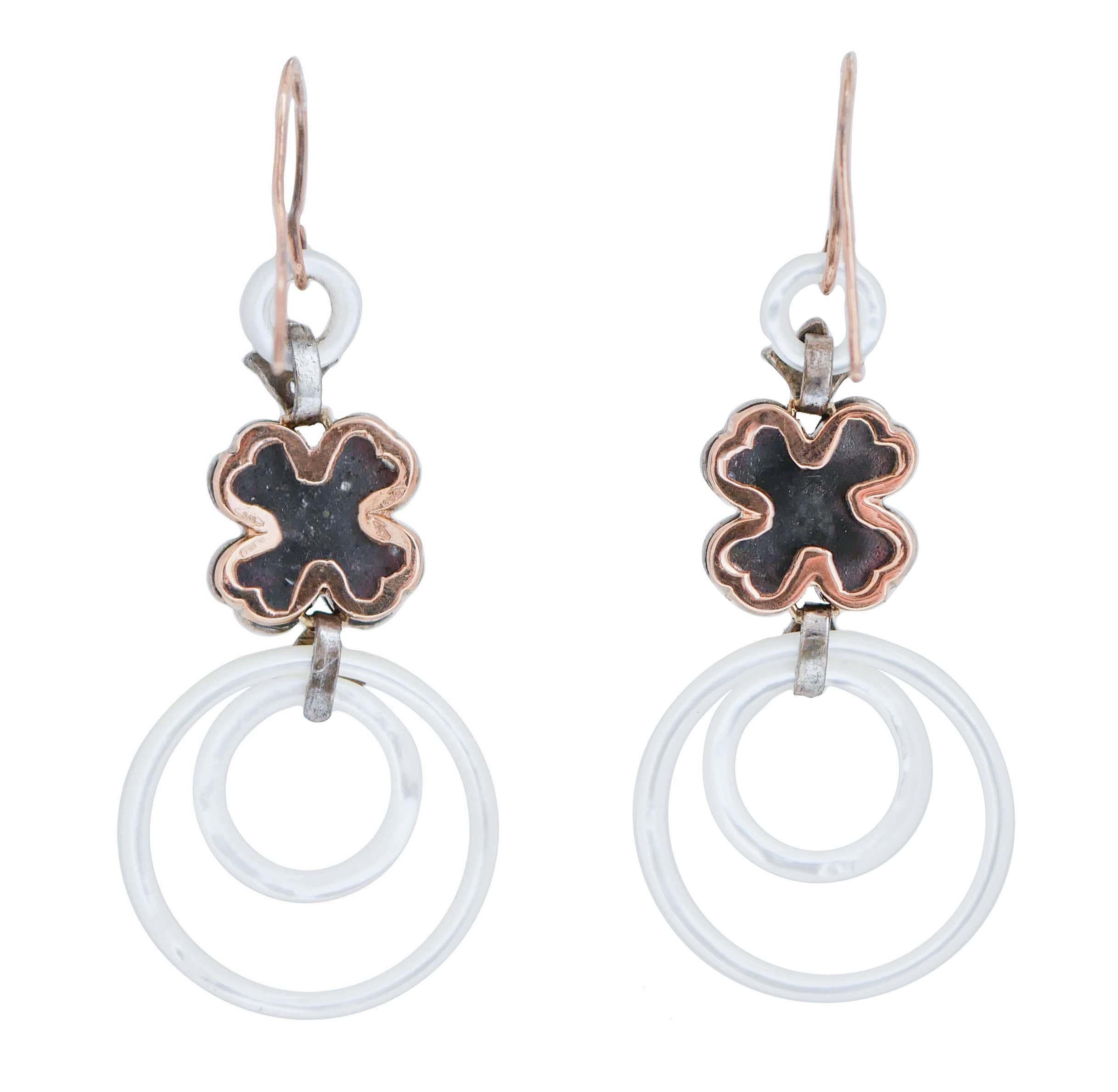 Retro Coral, White Stones, Rubies, Diamonds, Rose Gold and Silver Earrings. For Sale