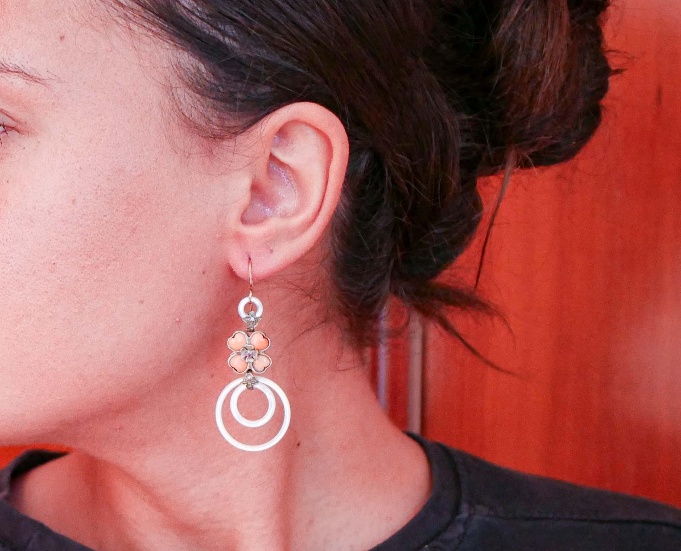 Mixed Cut Coral, White Stones, Rubies, Diamonds, Rose Gold and Silver Earrings. For Sale