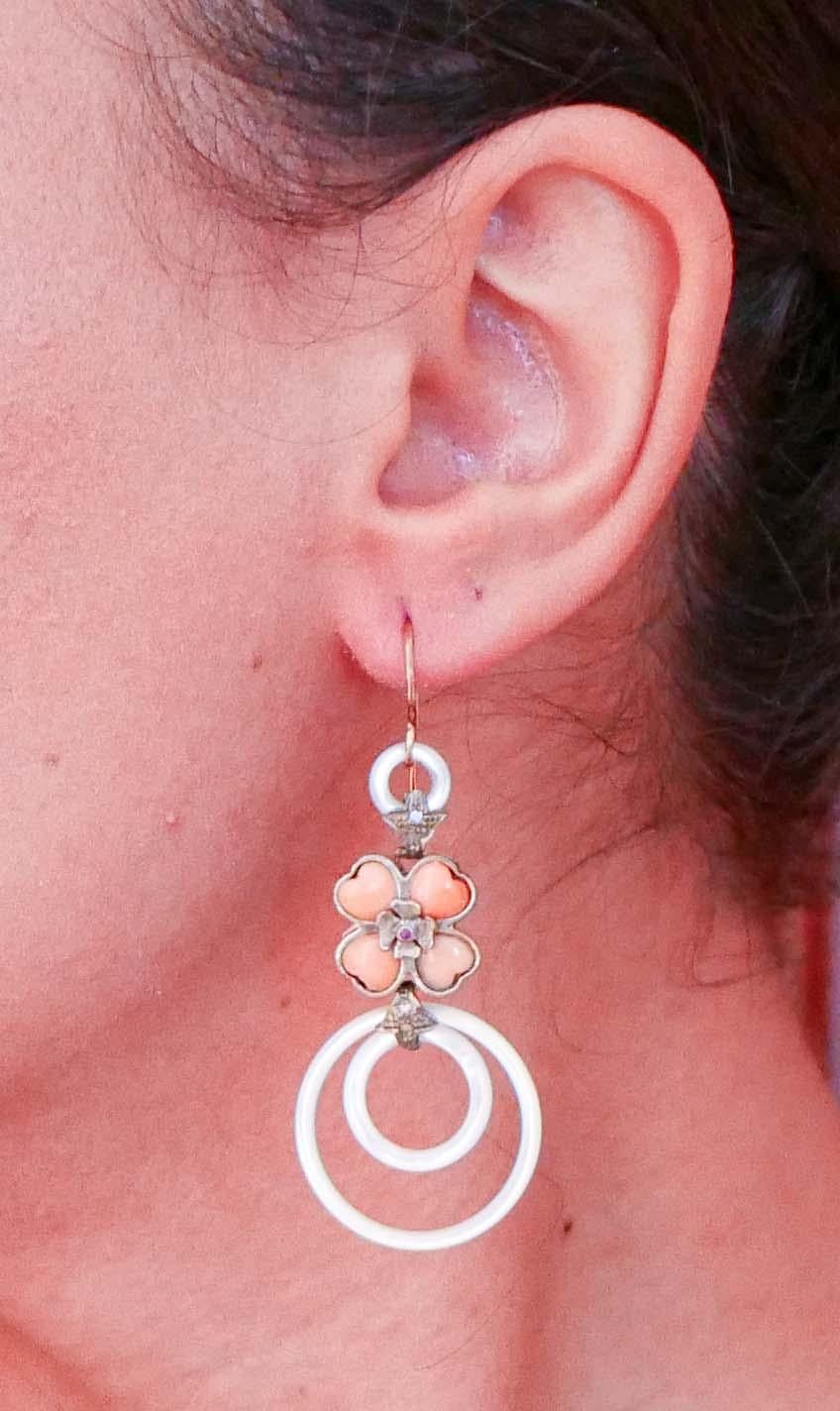 Coral, White Stones, Rubies, Diamonds, Rose Gold and Silver Earrings. In Good Condition For Sale In Marcianise, Marcianise (CE)