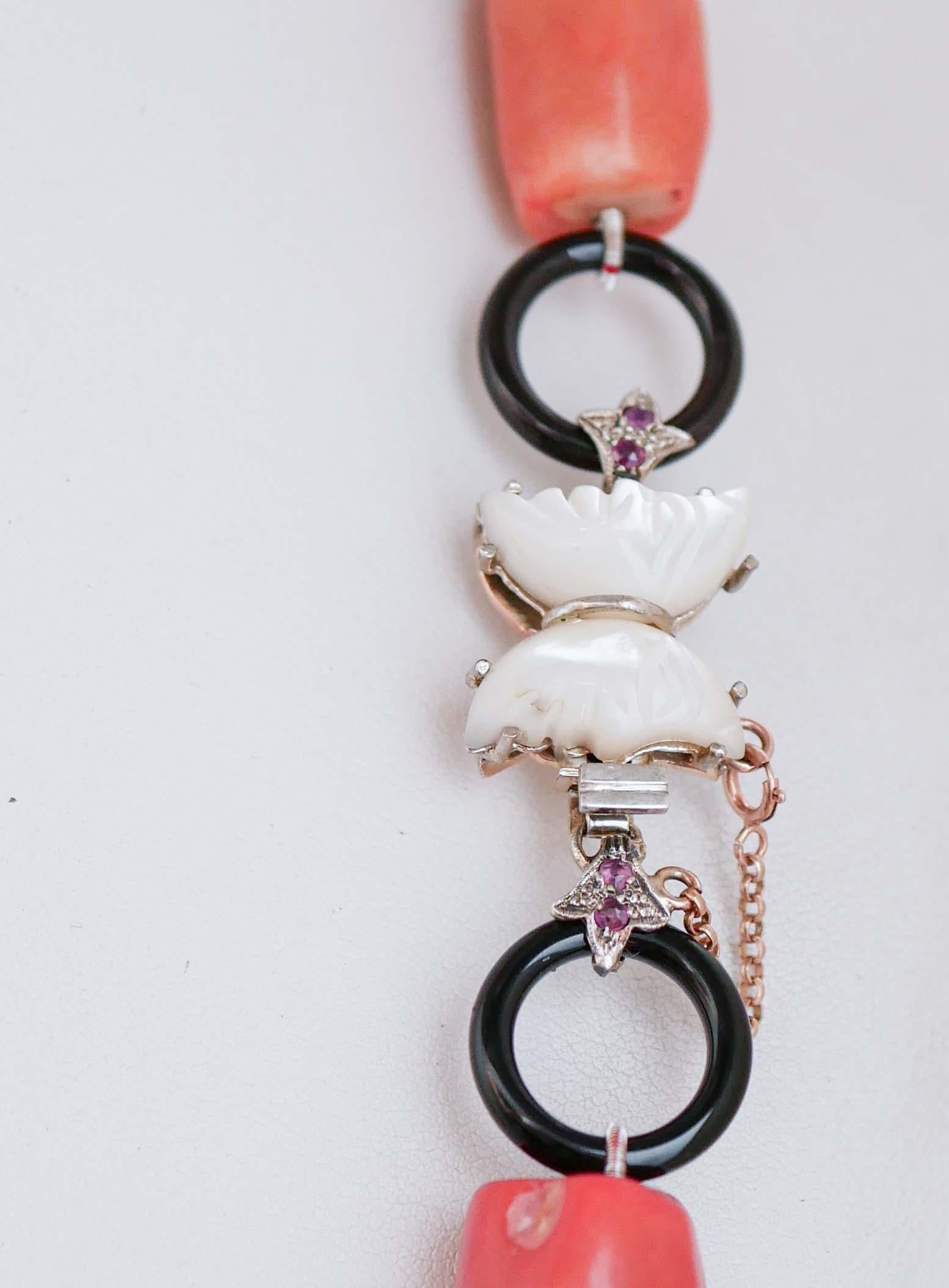 Retro Coral, White Stones, Rubies, Onyx, Rose Gold and Silver Necklace For Sale