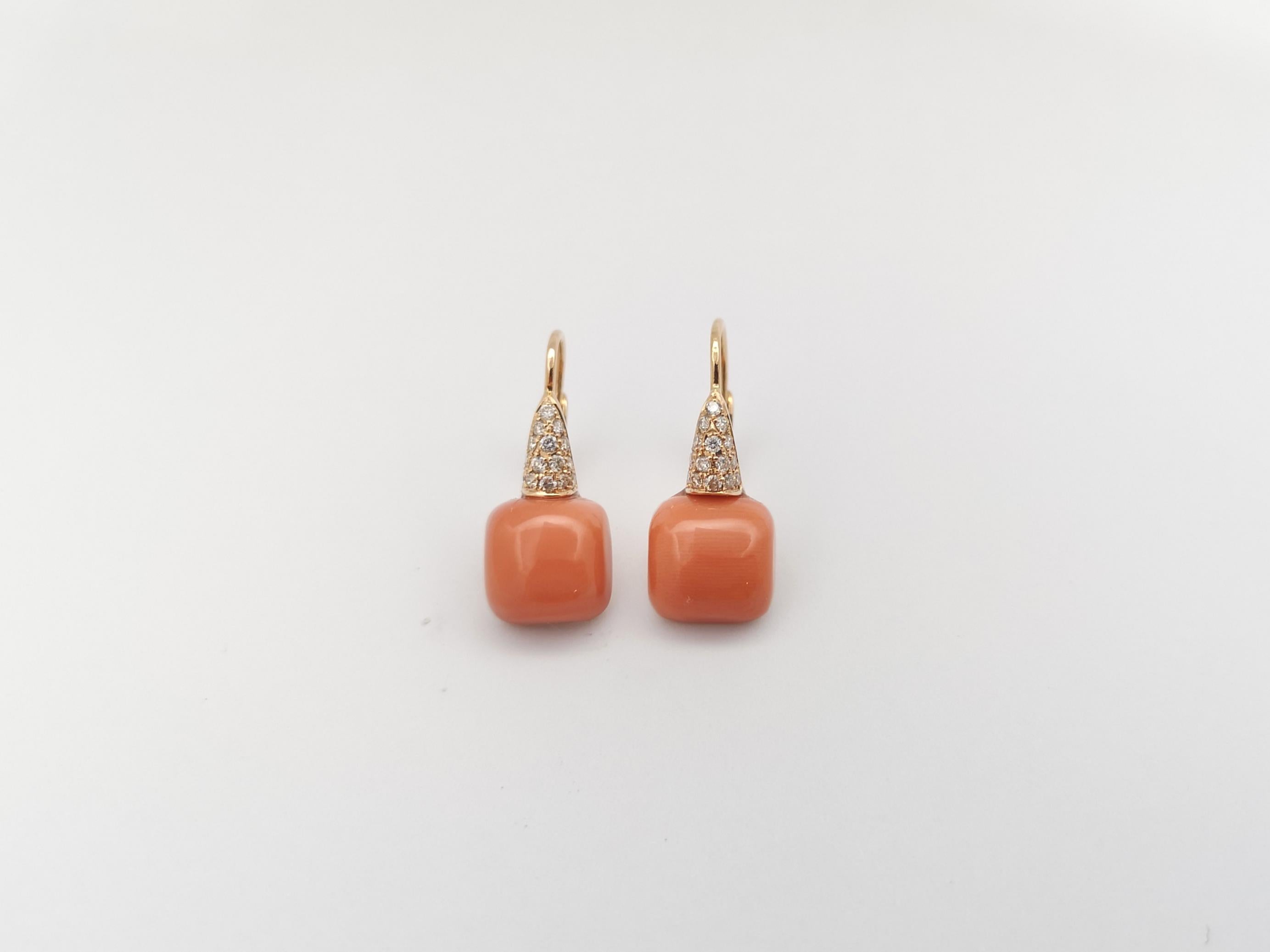 Brilliant Cut Coral with Brown Diamond Earrings set in 18 Karat Rose Gold Settings For Sale