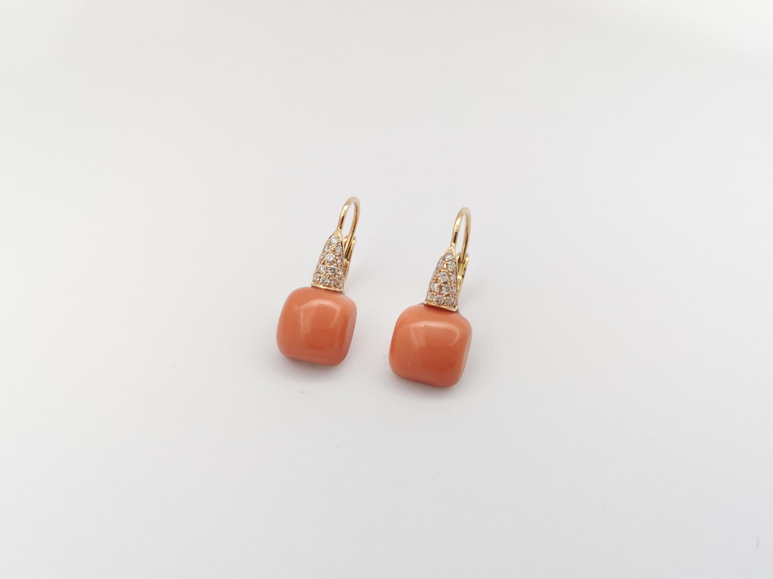 Coral with Brown Diamond Earrings set in 18 Karat Rose Gold Settings In New Condition For Sale In Bangkok, TH