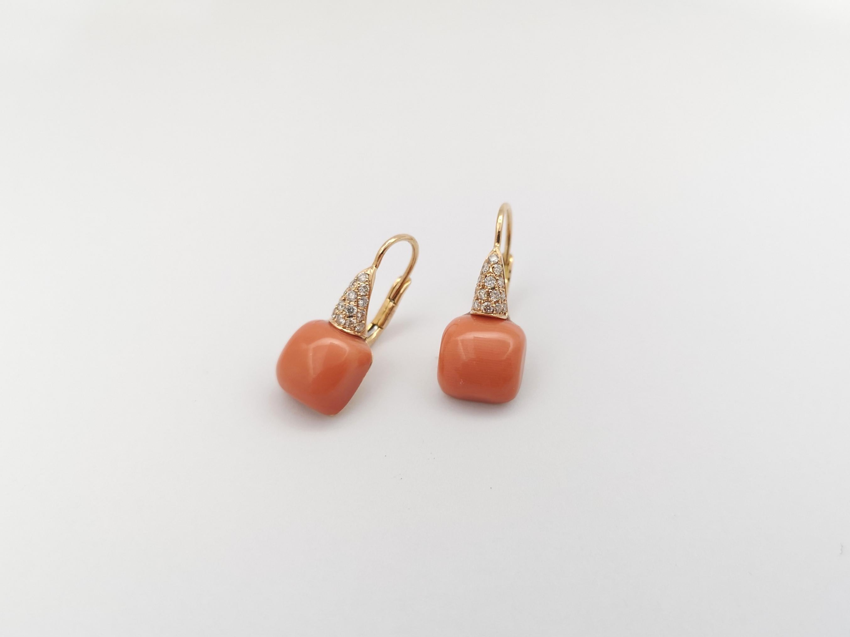 Women's Coral with Brown Diamond Earrings set in 18 Karat Rose Gold Settings For Sale