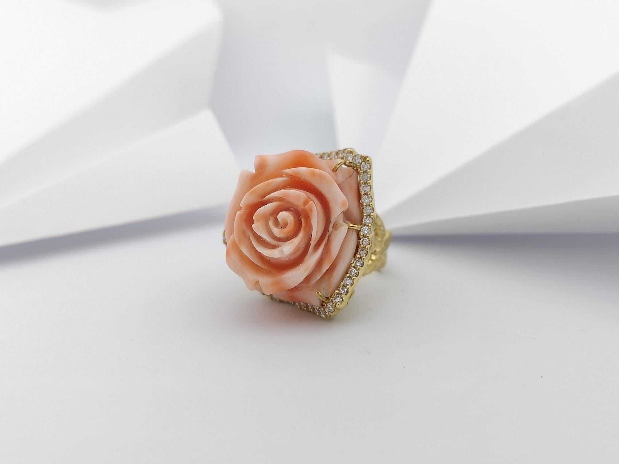 Coral with Brown Diamond Flower Ring set in 18 Karat Gold Settings For Sale 4