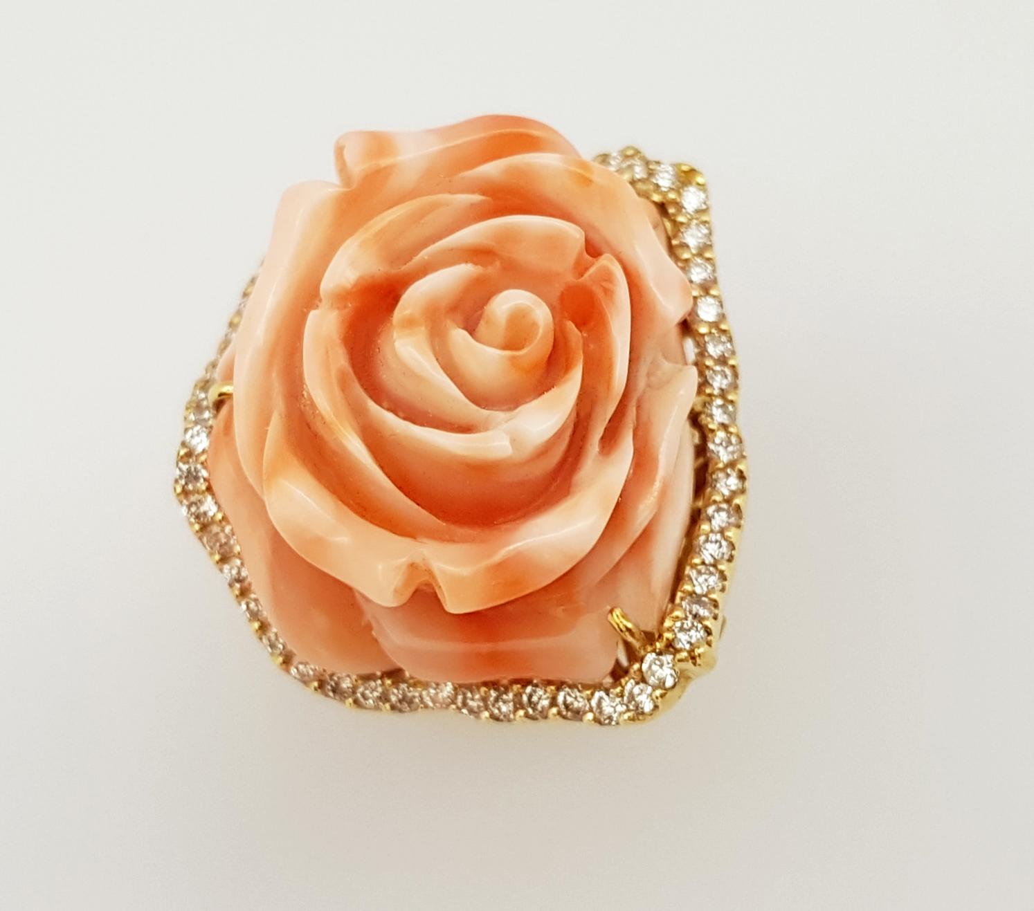 Coral with Brown Diamond Flower Ring set in 18 Karat Gold Settings For Sale 5