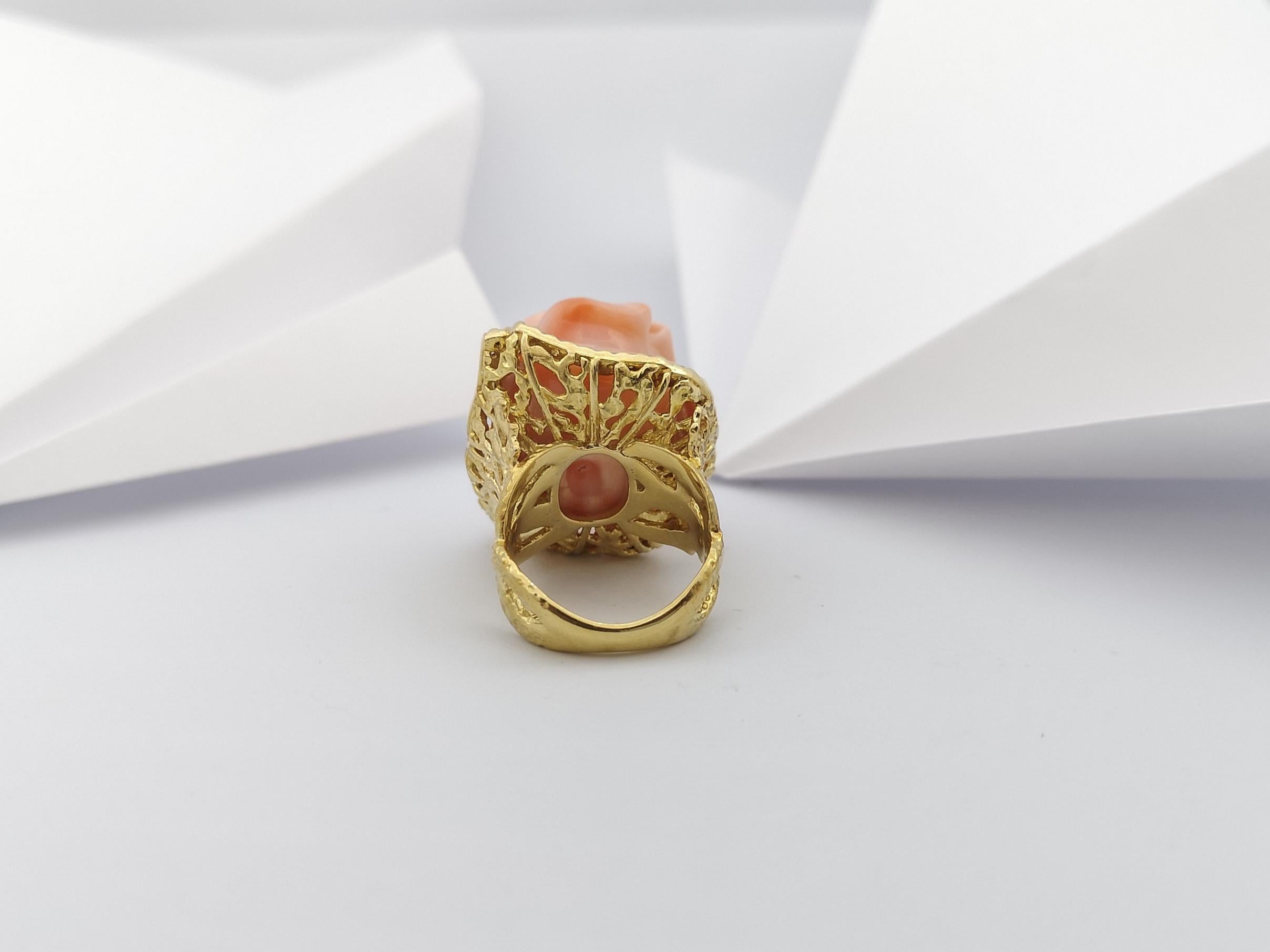 Coral with Brown Diamond Flower Ring set in 18 Karat Gold Settings For Sale 6
