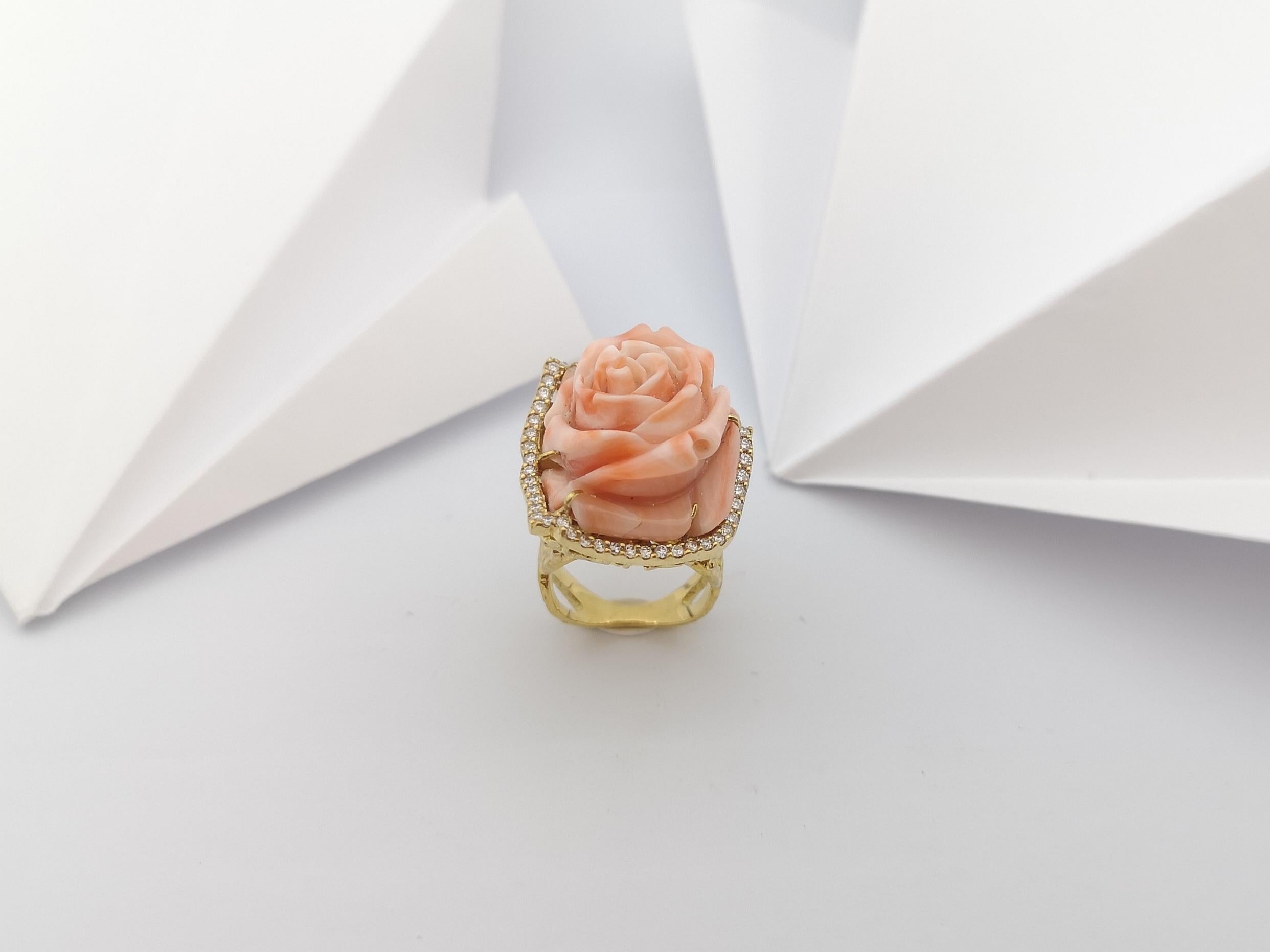 Coral with Brown Diamond Flower Ring set in 18 Karat Gold Settings For Sale 7