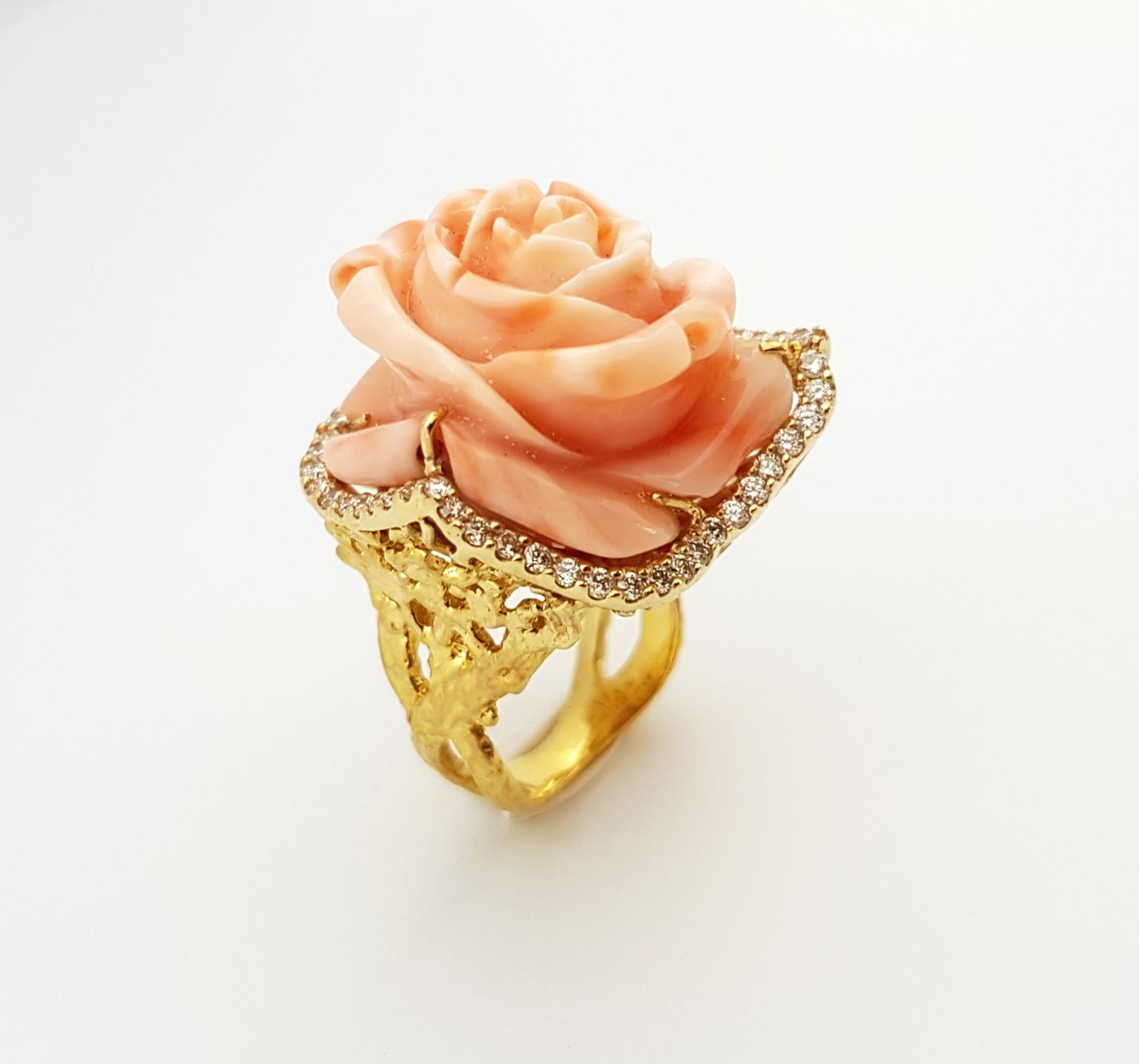 Coral with Brown Diamond Flower Ring set in 18 Karat Gold Settings For Sale 9