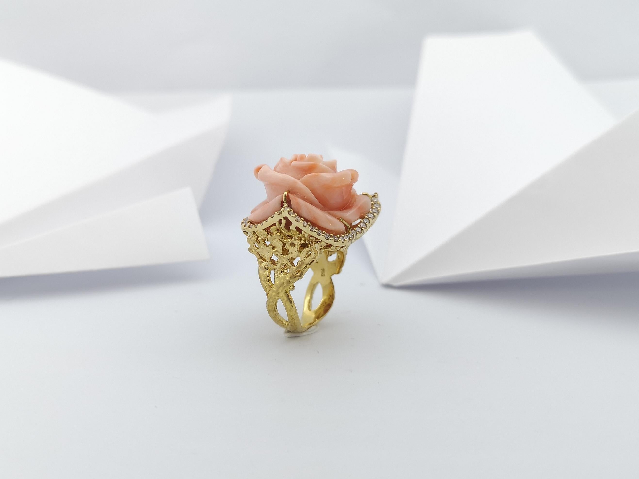 Coral with Brown Diamond Flower Ring set in 18 Karat Gold Settings For Sale 11
