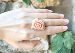 Coral with Brown Diamond Flower Ring set in 18 Karat Gold Settings