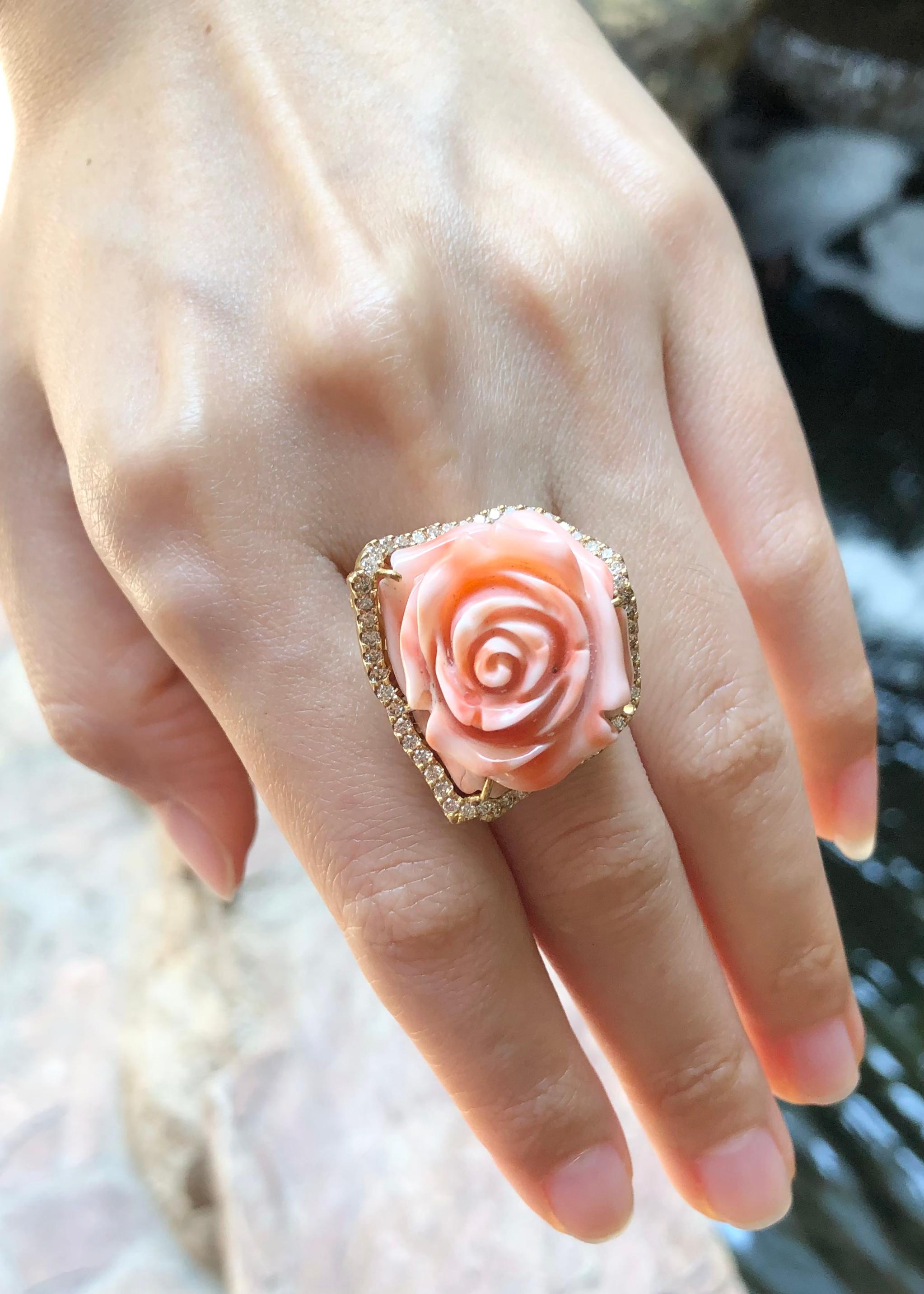 Mixed Cut Coral with Brown Diamond Flower Ring set in 18 Karat Gold Settings For Sale
