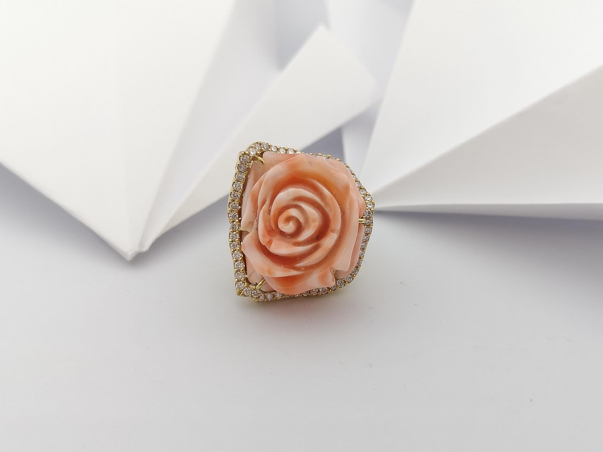 Coral with Brown Diamond Flower Ring set in 18 Karat Gold Settings For Sale 2