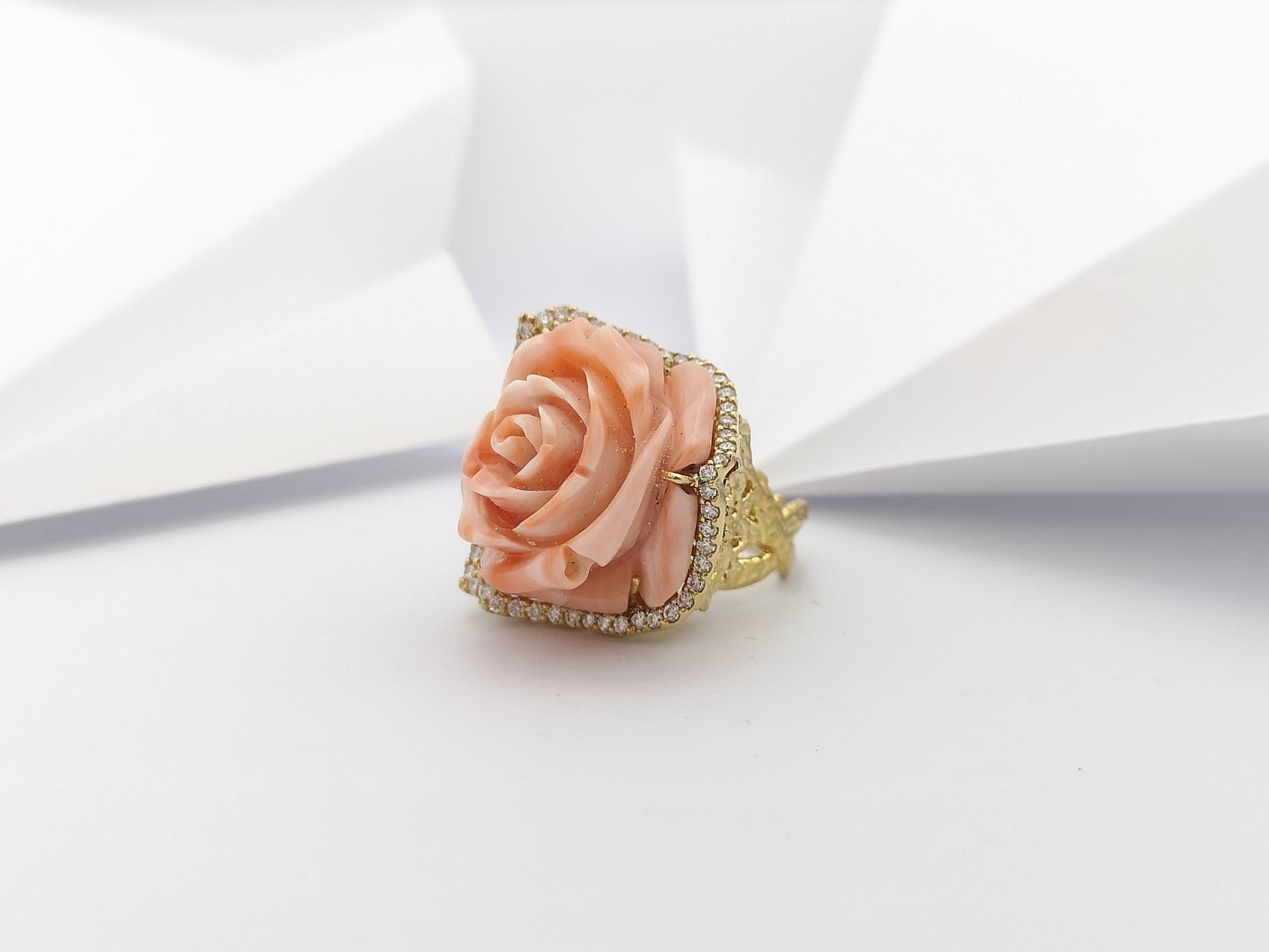 Coral with Brown Diamond Flower Ring set in 18 Karat Gold Settings For Sale 3