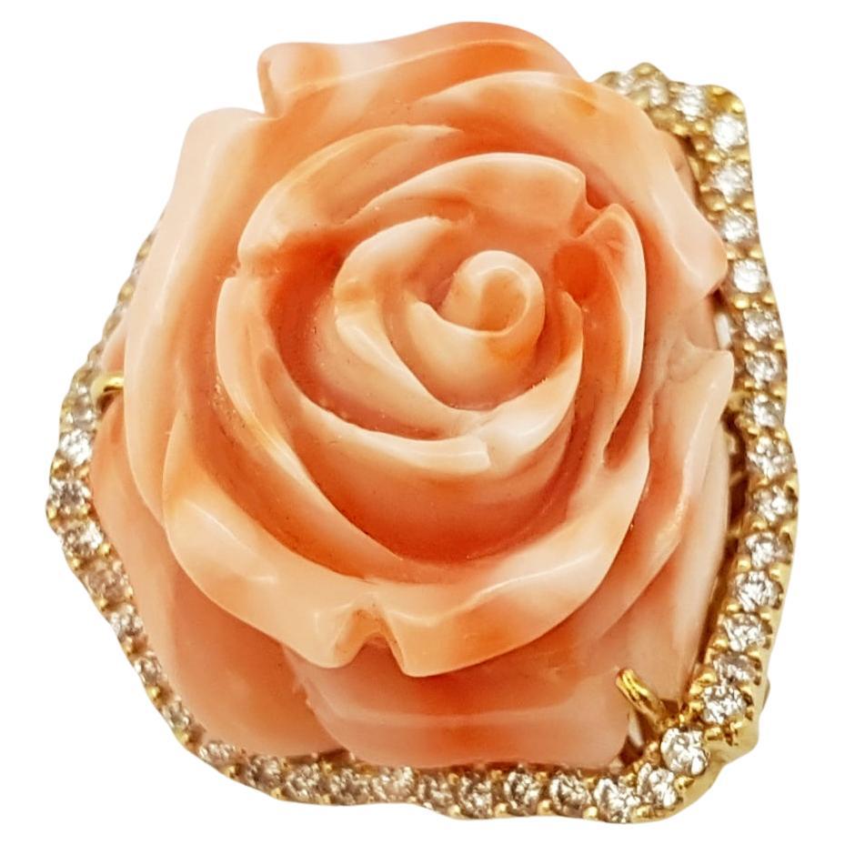 Coral with Brown Diamond Flower Ring set in 18 Karat Gold Settings For Sale