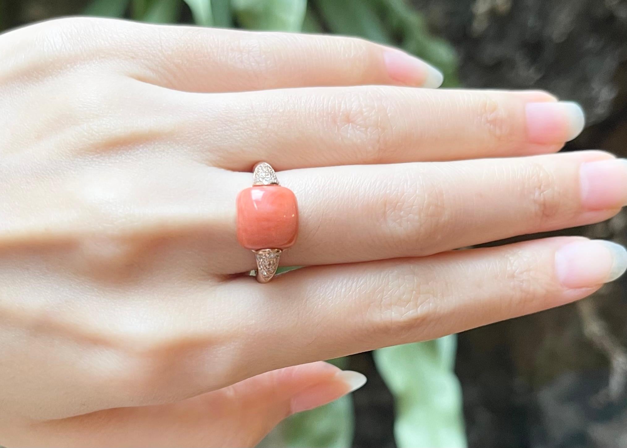 Women's Coral with Brown Diamond Ring set in 18 Karat Rose Gold Settings For Sale