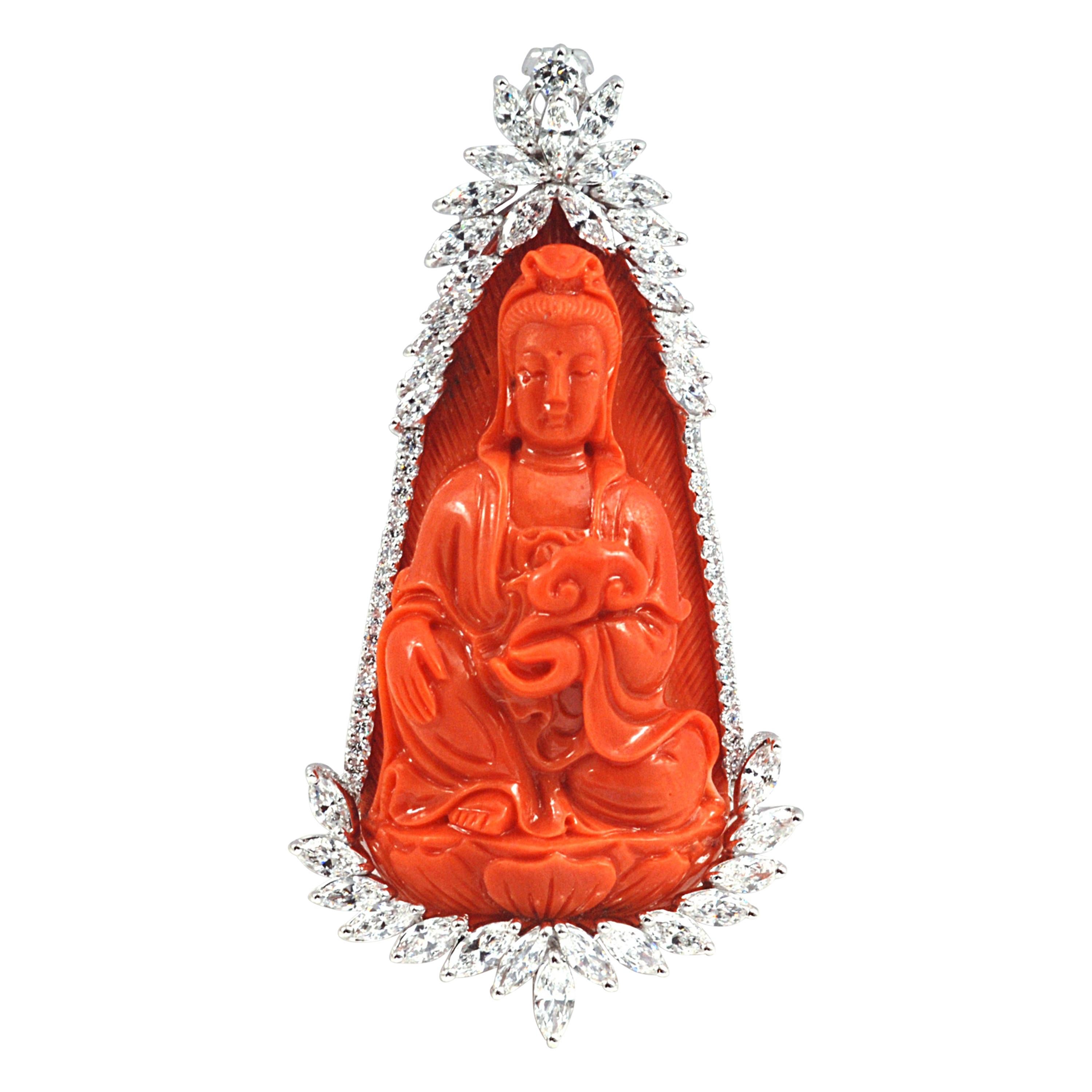 Carved Coral with Diamond Goddess of Mercy Brooch Set in 18K White Gold Settings For Sale