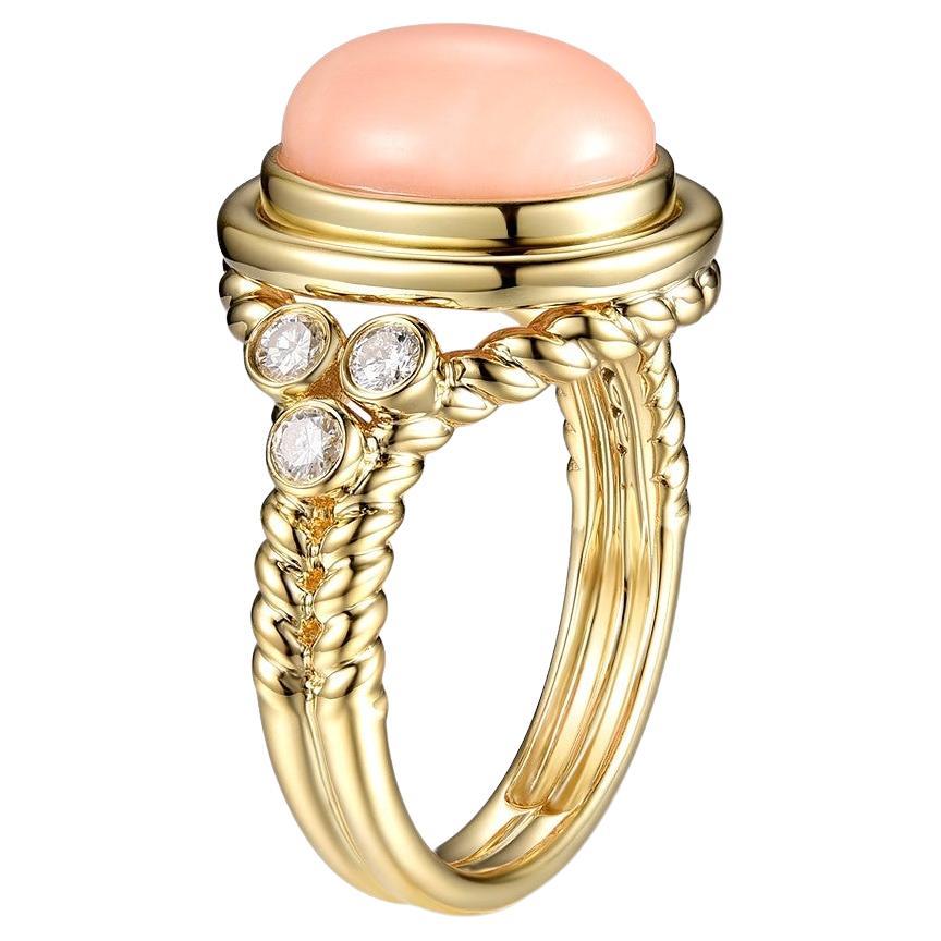 Modern Coral with Diamonds Ring in 14K Yellow Gold For Sale
