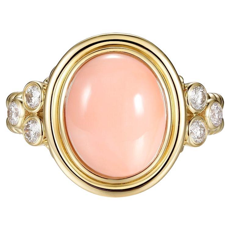 Coral with Diamonds Ring in 14K Yellow Gold For Sale