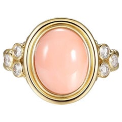 Retro Coral with Diamonds Ring in 14K Yellow Gold
